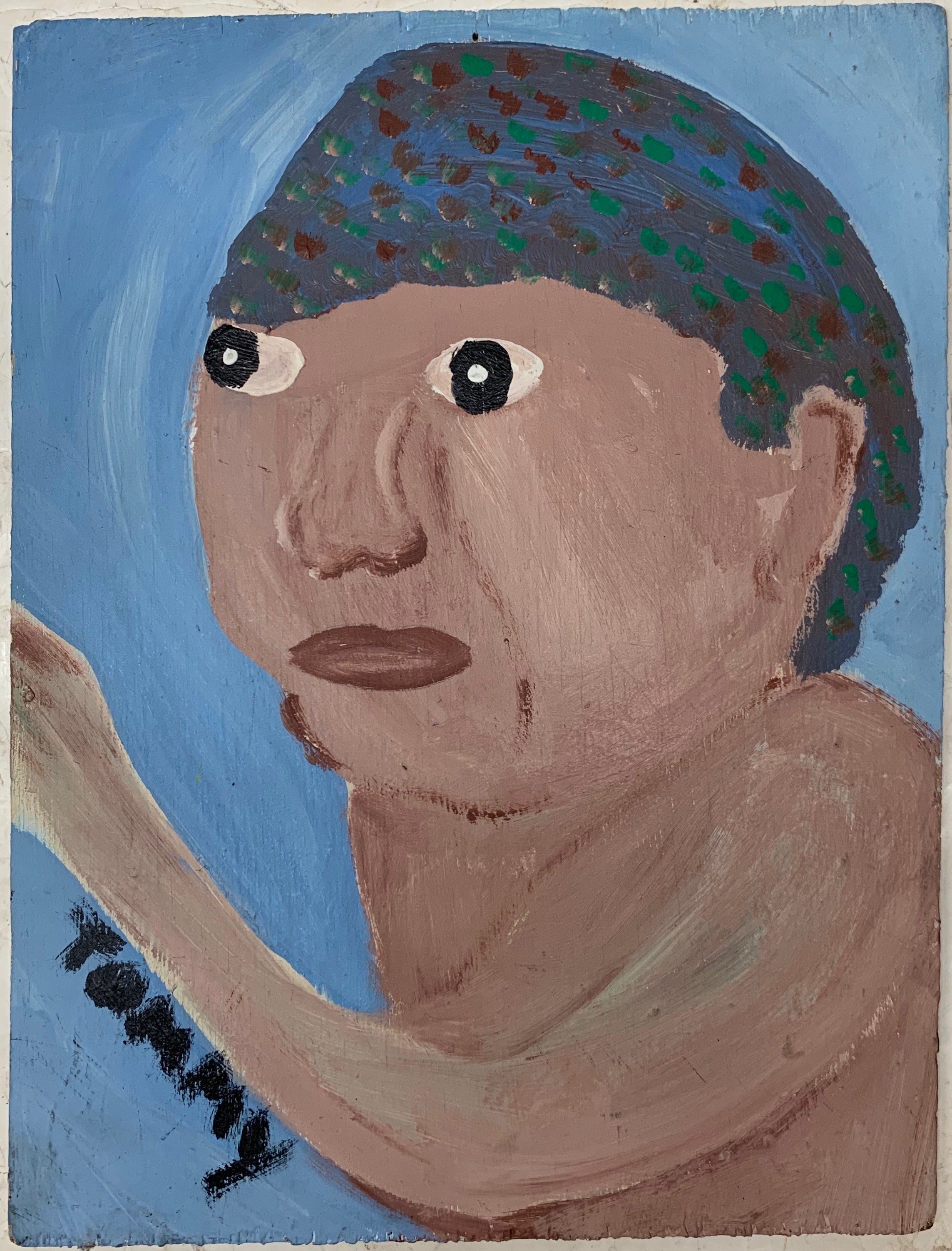 A Tommy Cheng portrait of a child with blue hair with green and brown polka-dots.