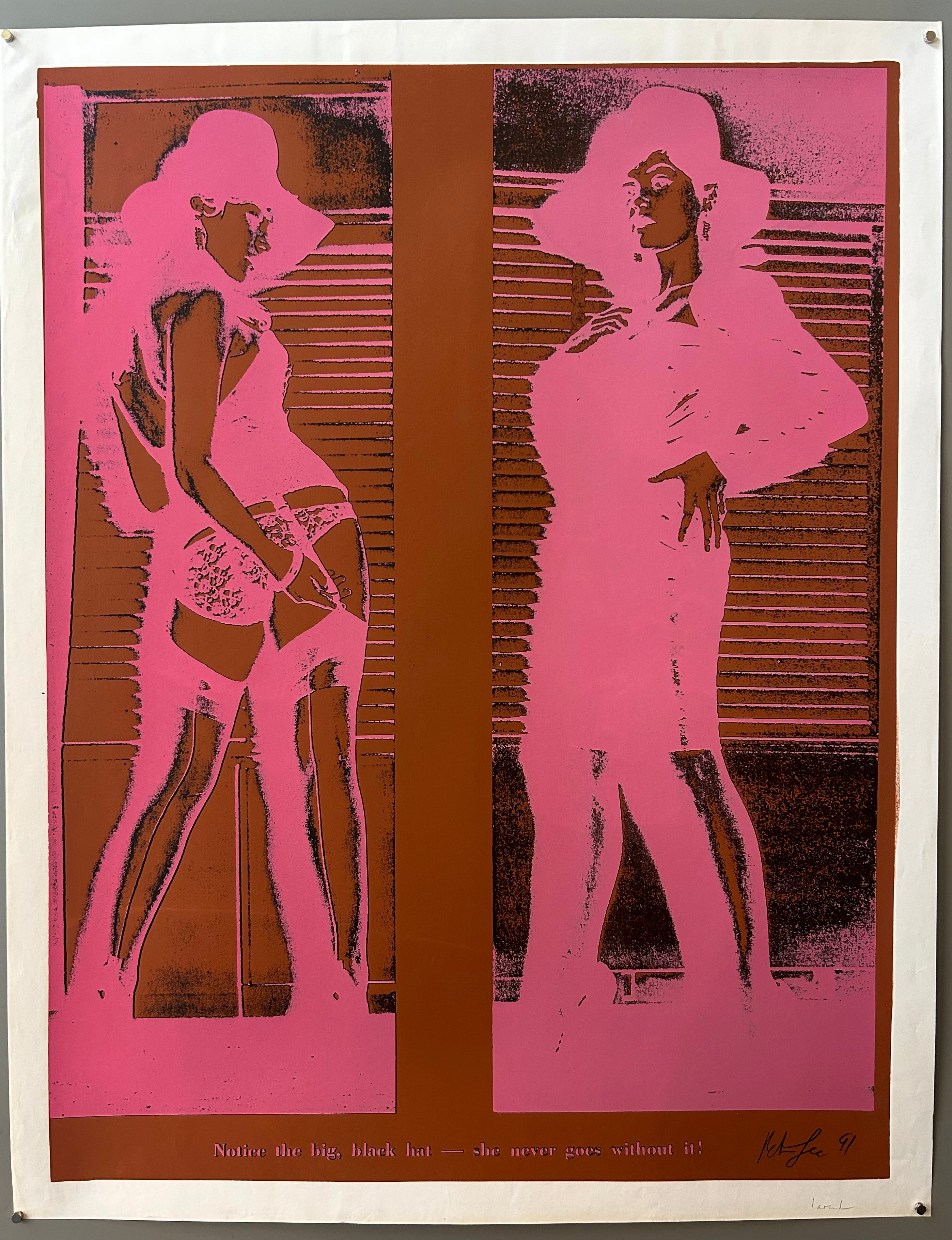 Two pop-art style women in hats are laid next to each other. Their faces are looking at the viewer but their bodies are turned around.