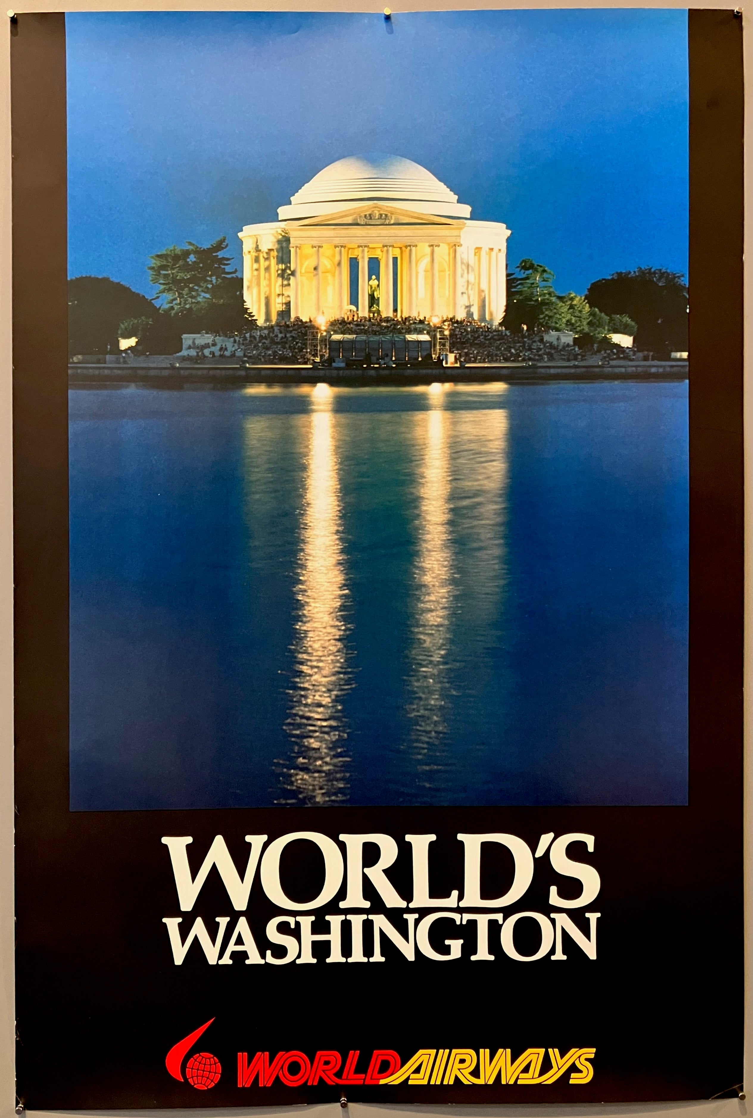 30x20 world airways poster advertising flights to washington dc featuring photo of thomas jefferson memorial at night