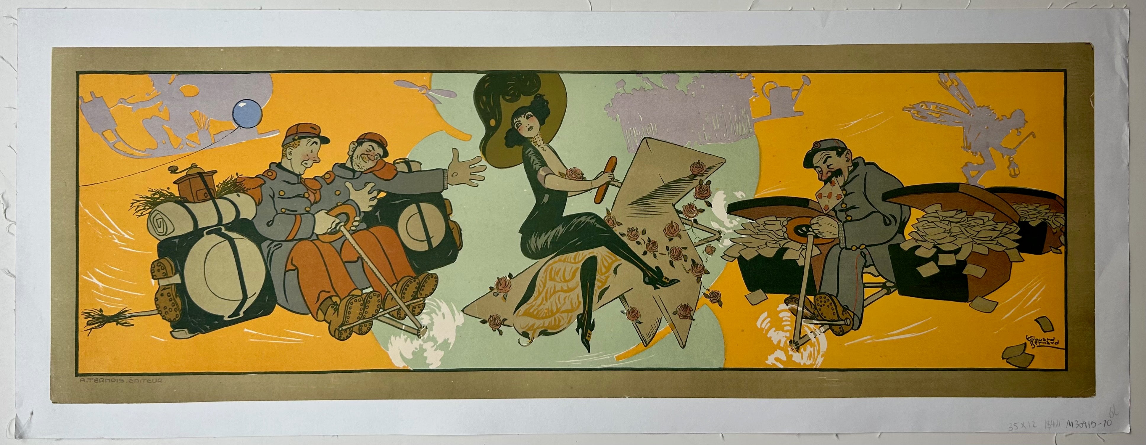 12x35 edouard bernard poster illustration of fantasy aviation scene with woman in plane, two soldiers and postman
