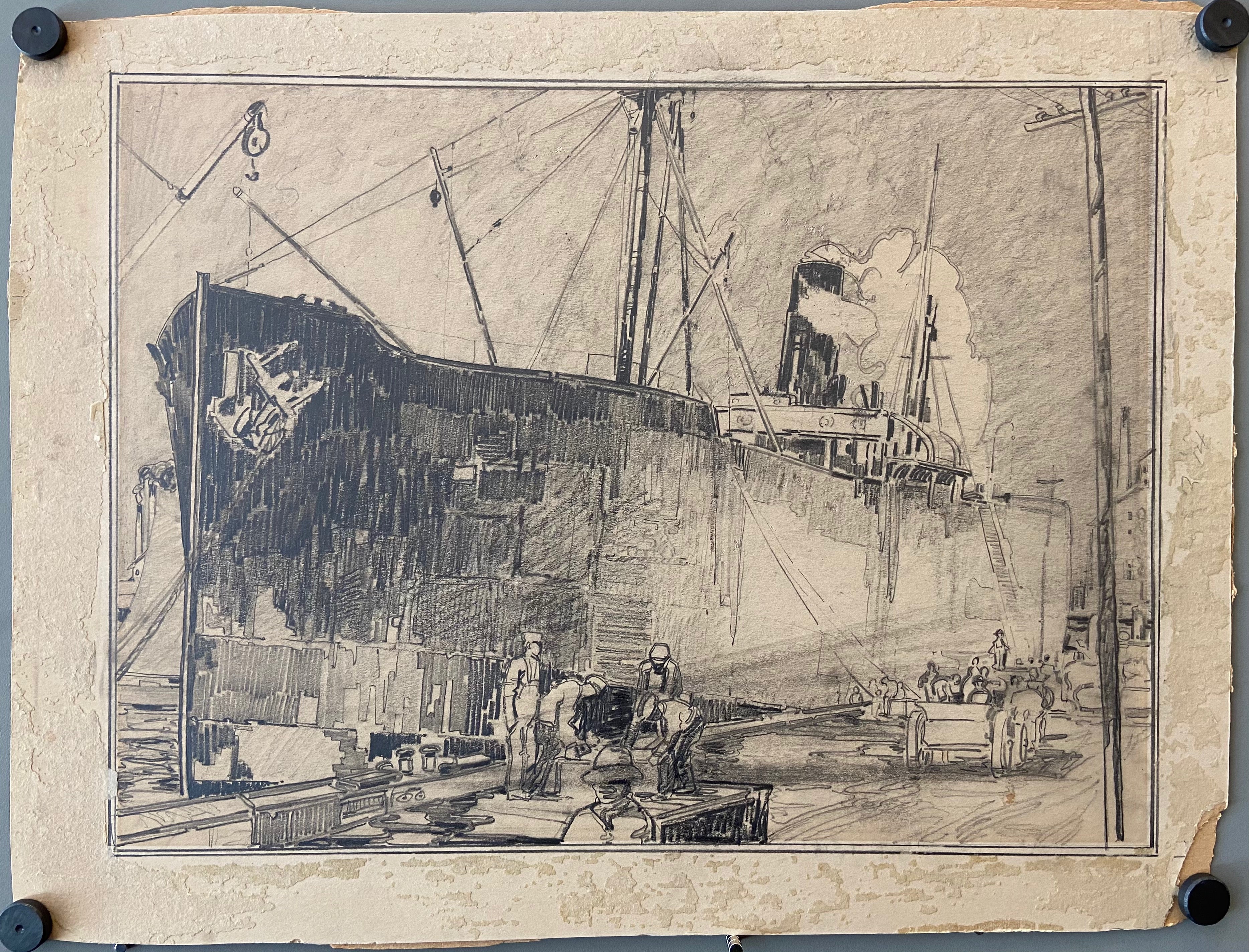 print of a ship in a dock
