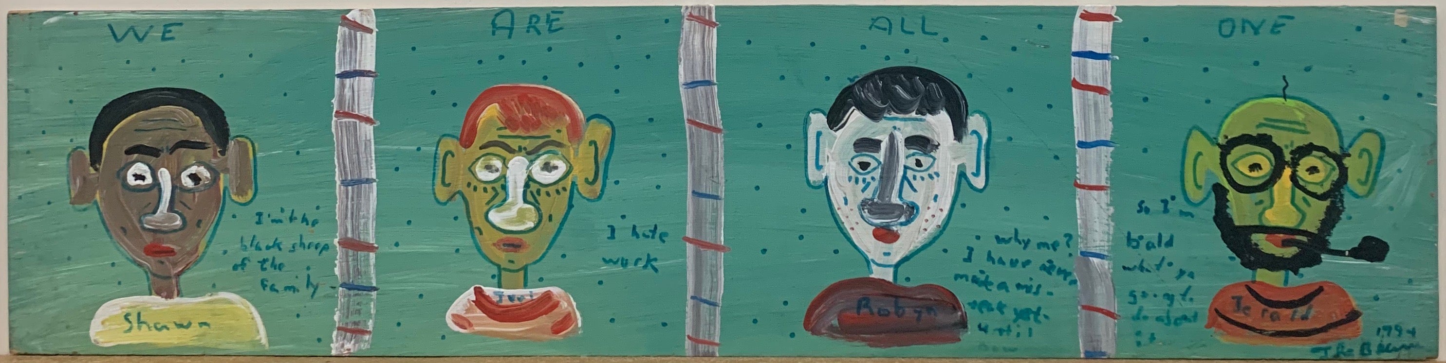 A painting by the Beaver divided into four quadrant, inside which are portraits of men, each colored fantastically.