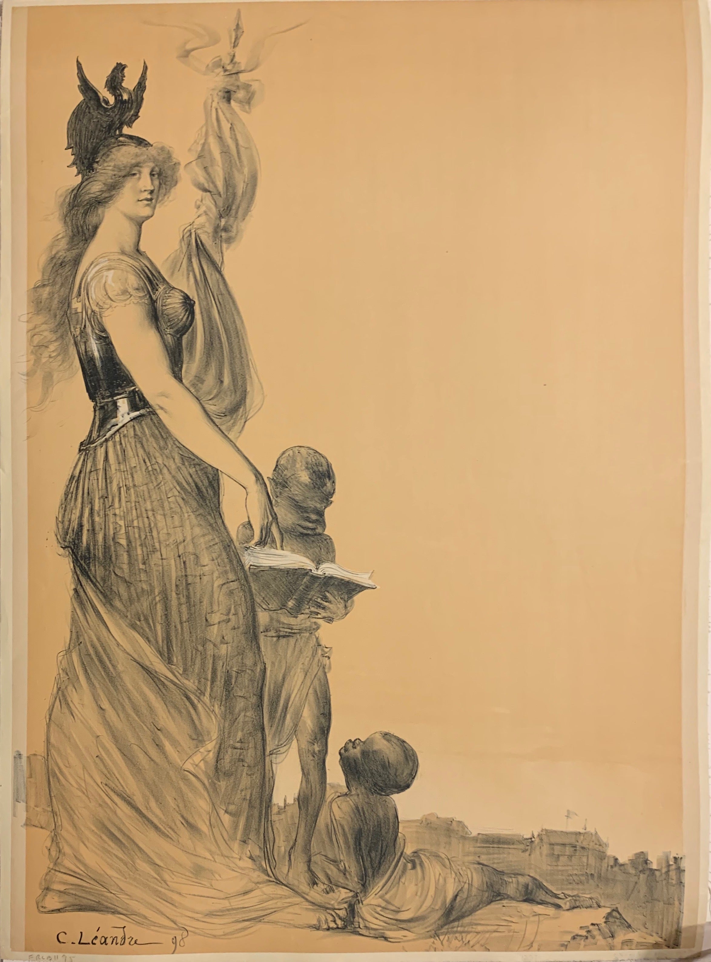 Turn of the Century poster in black and white of a white woman dressed in a long dress with a battle breastplate, In front of her are two black children, one standing and one sitting at the woman's feet. The one standing is reading a book.