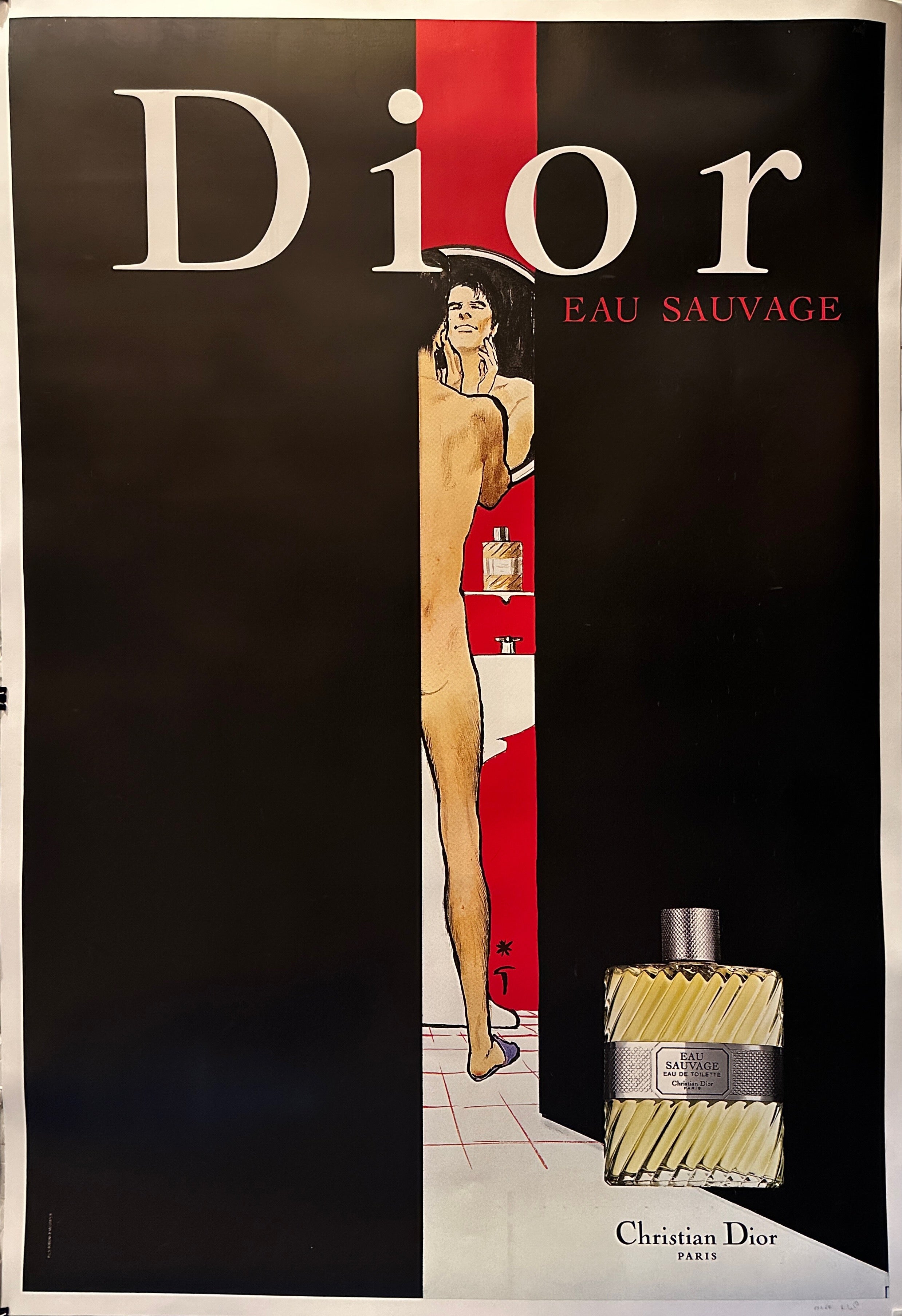 47x69 oversized poster of a man getting ready in front of a mirror for Dior Sauvage cologne