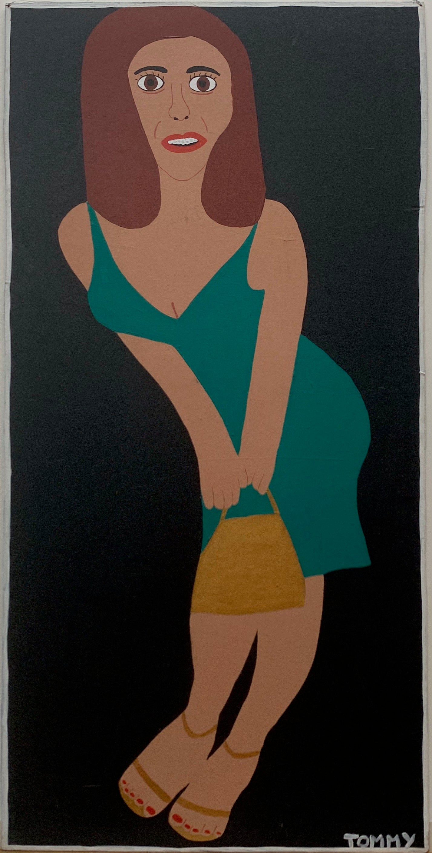 A Tommy Cheng portrait of a woman in a teal dress with a tan purse and tan sandals that show her red pedicure.