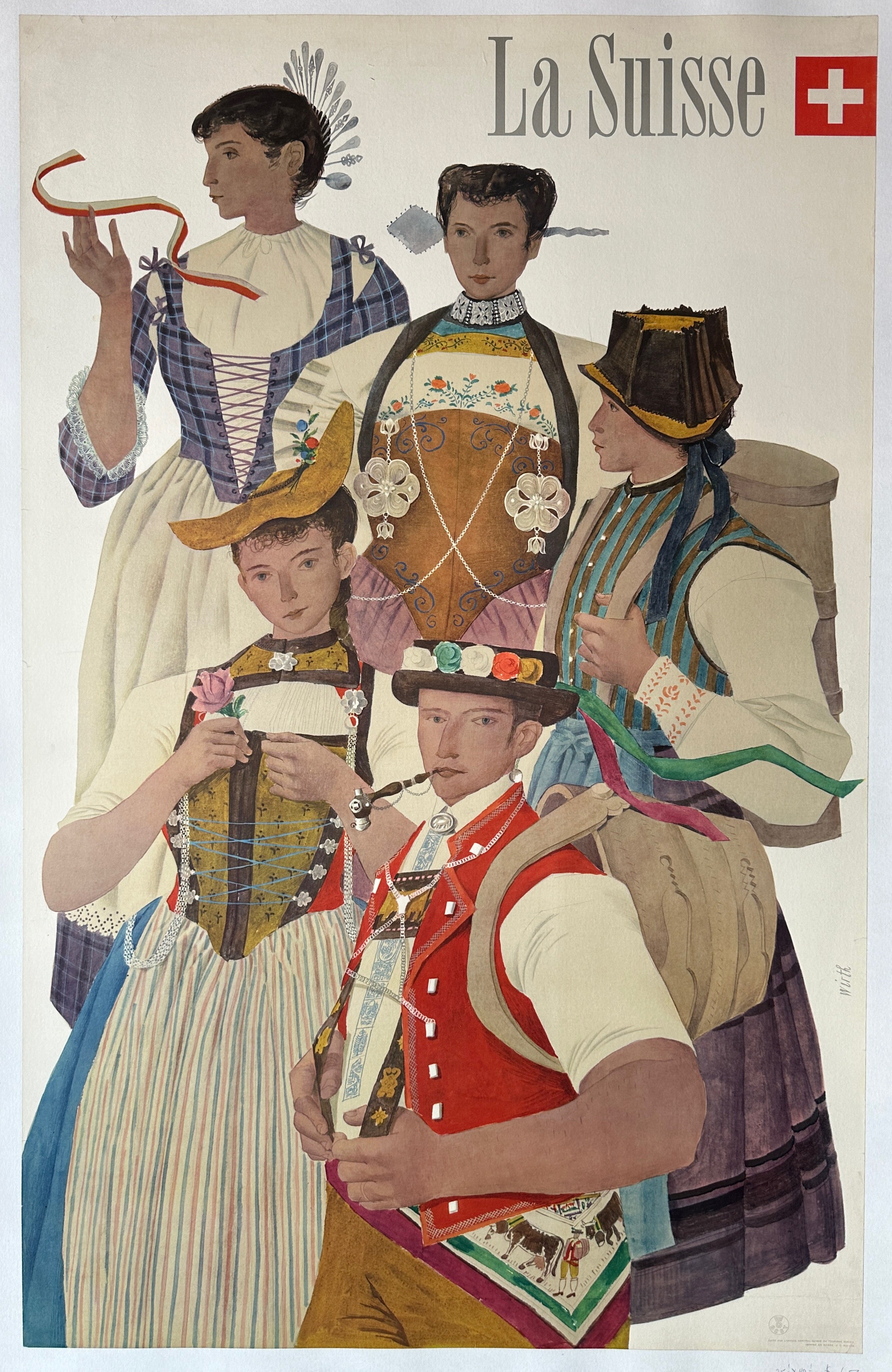 25x40 linen backed poster for Switzerland featuring five people in traditional Swiss attire