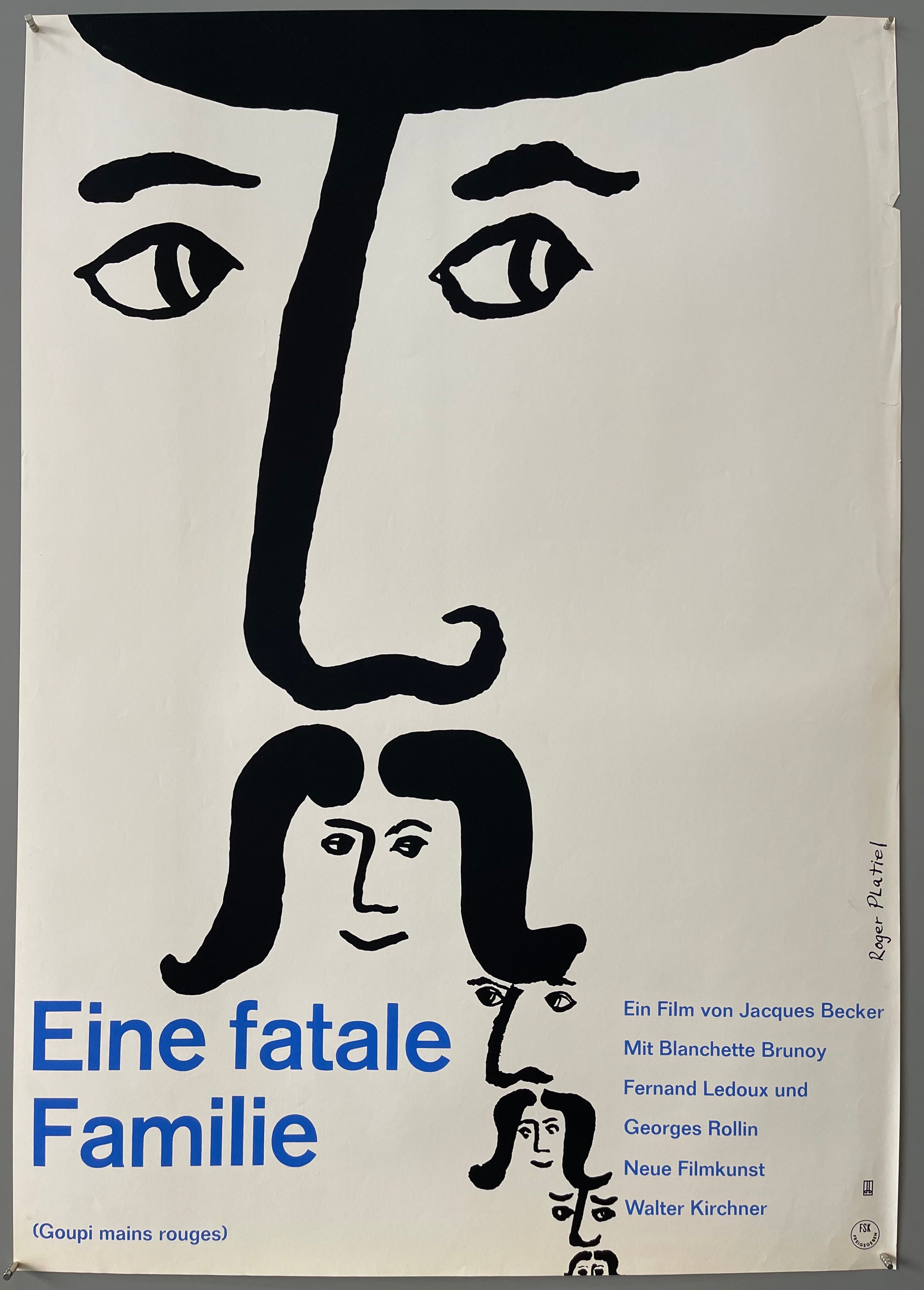 Outline of a man's eyes and nose above another sketch of a woman's hair, eyes, nose, and mouth. These facial sketches get progressively smaller as they descend down from the others.