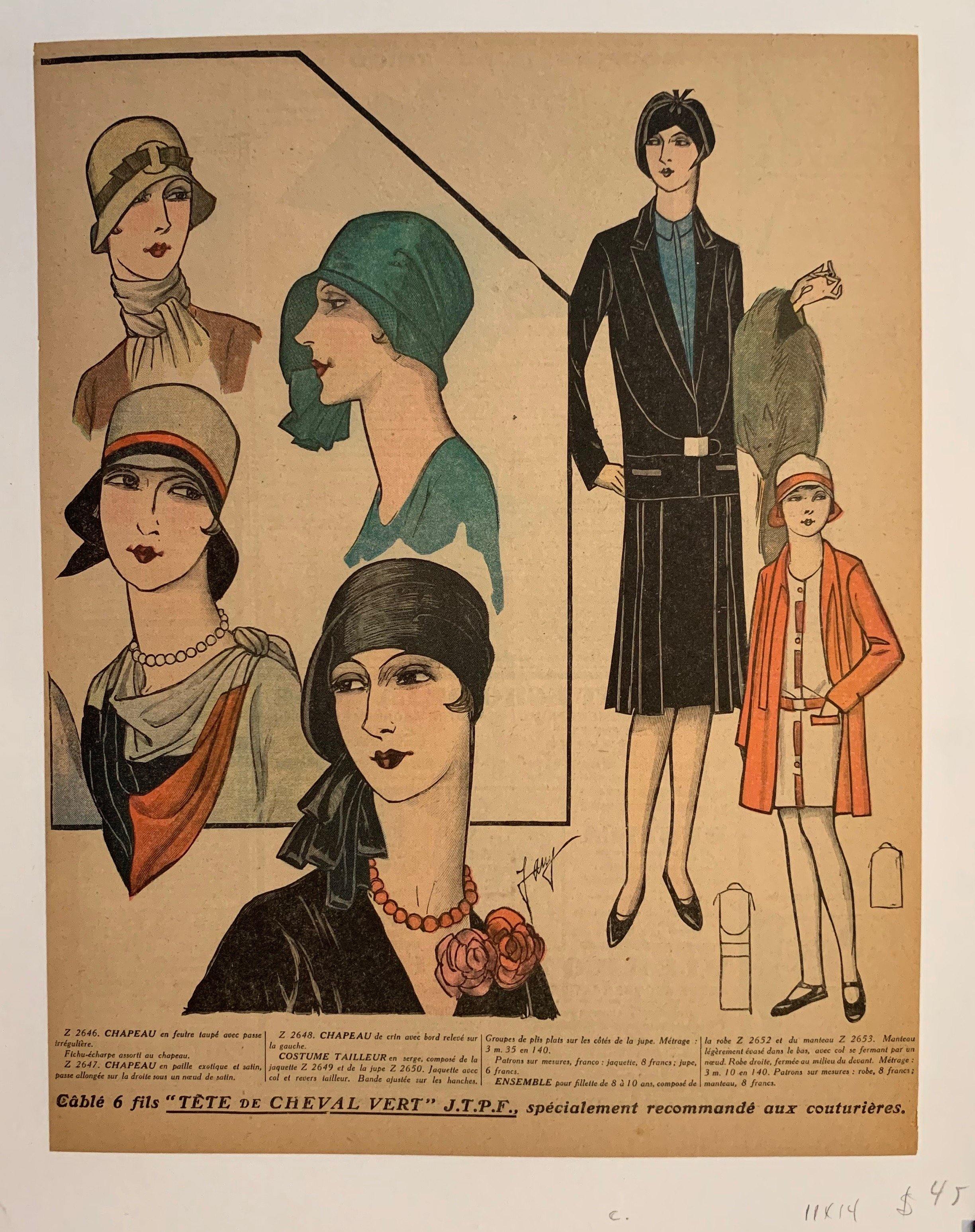 5 women and 1 child wearing fashionable hats and dresses