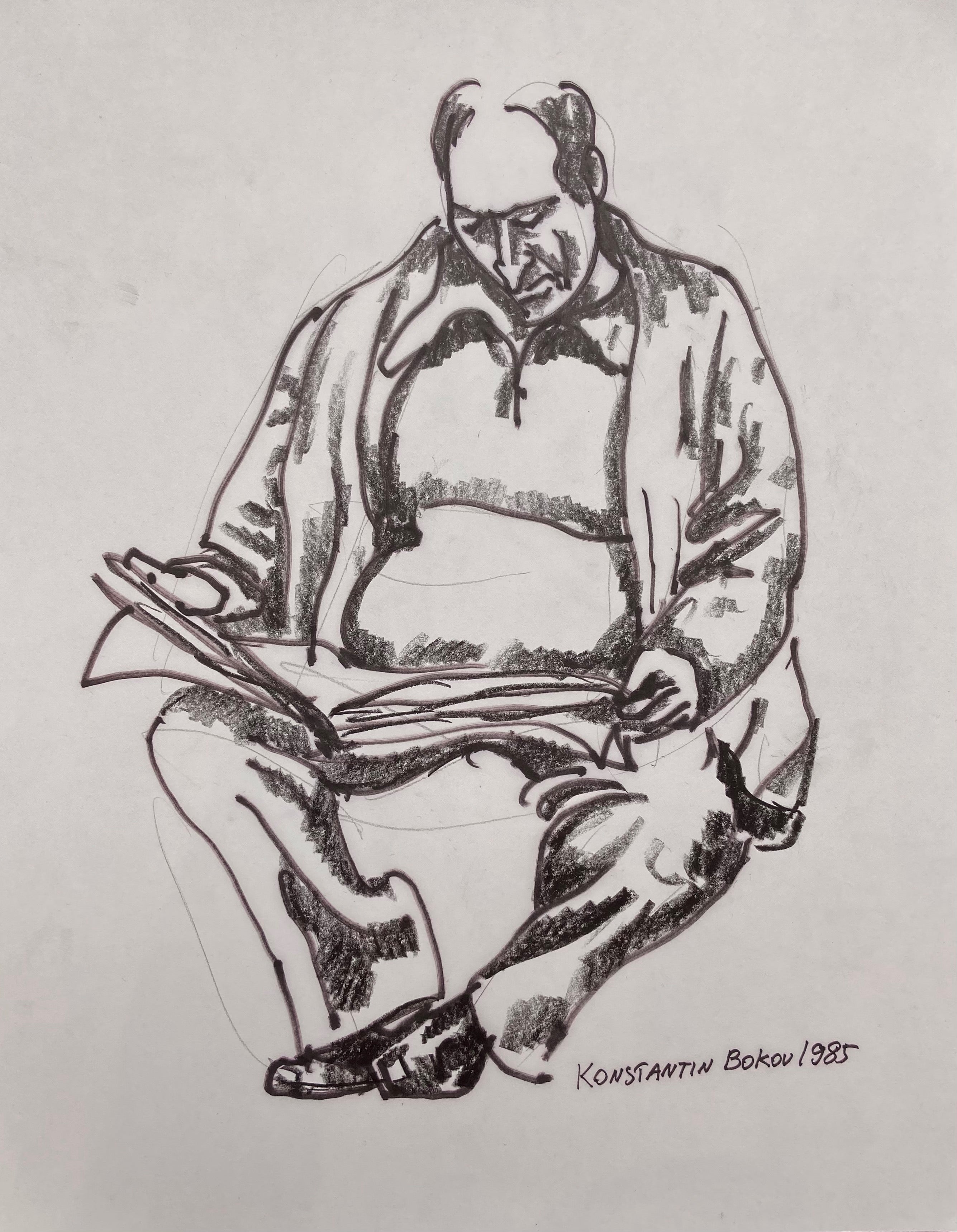 charcoal drawing of a man reading the newspaper