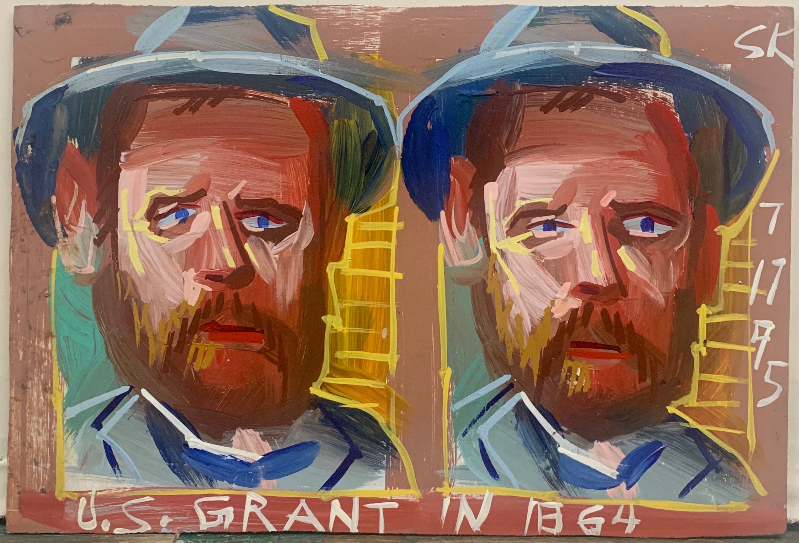 A Steve Keene portrait of two General Grants in civilian clothing, blue hat and suit.