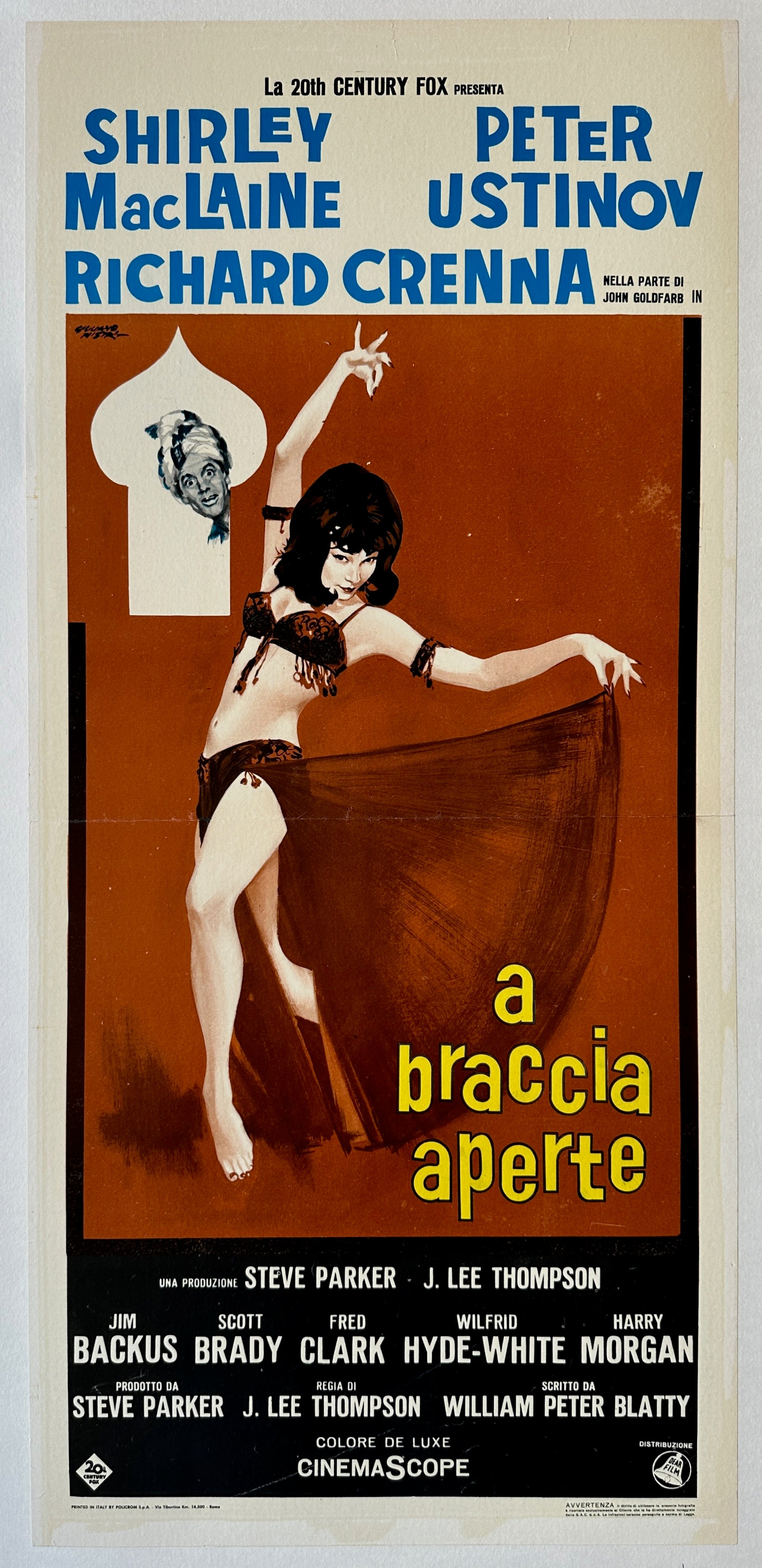 13x25 linen backed film poster for "A Braccia Aperte" featuring a woman in a brown set dancing