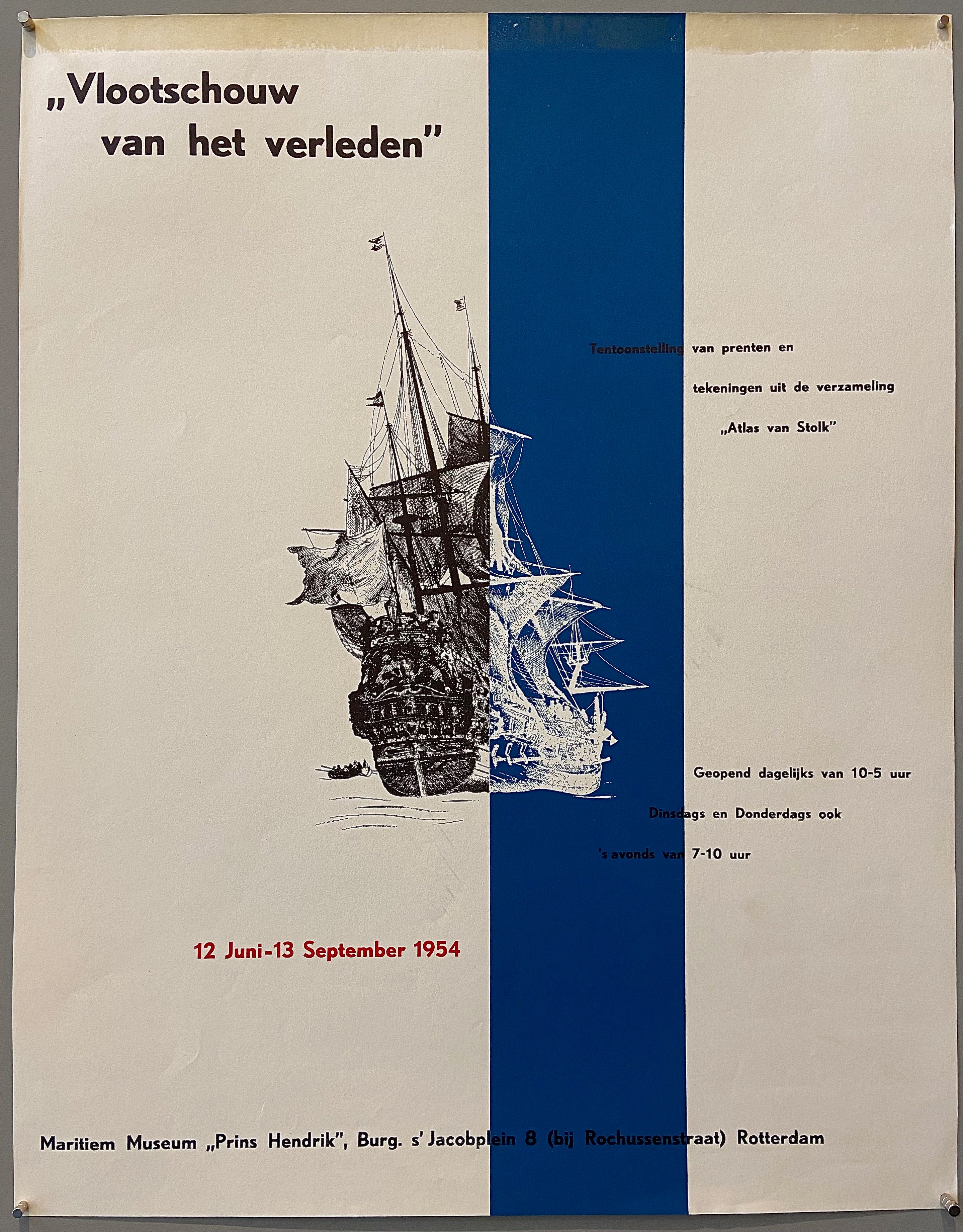 Poster showing a black and white sketch of a ship with a blue vertical line running down it