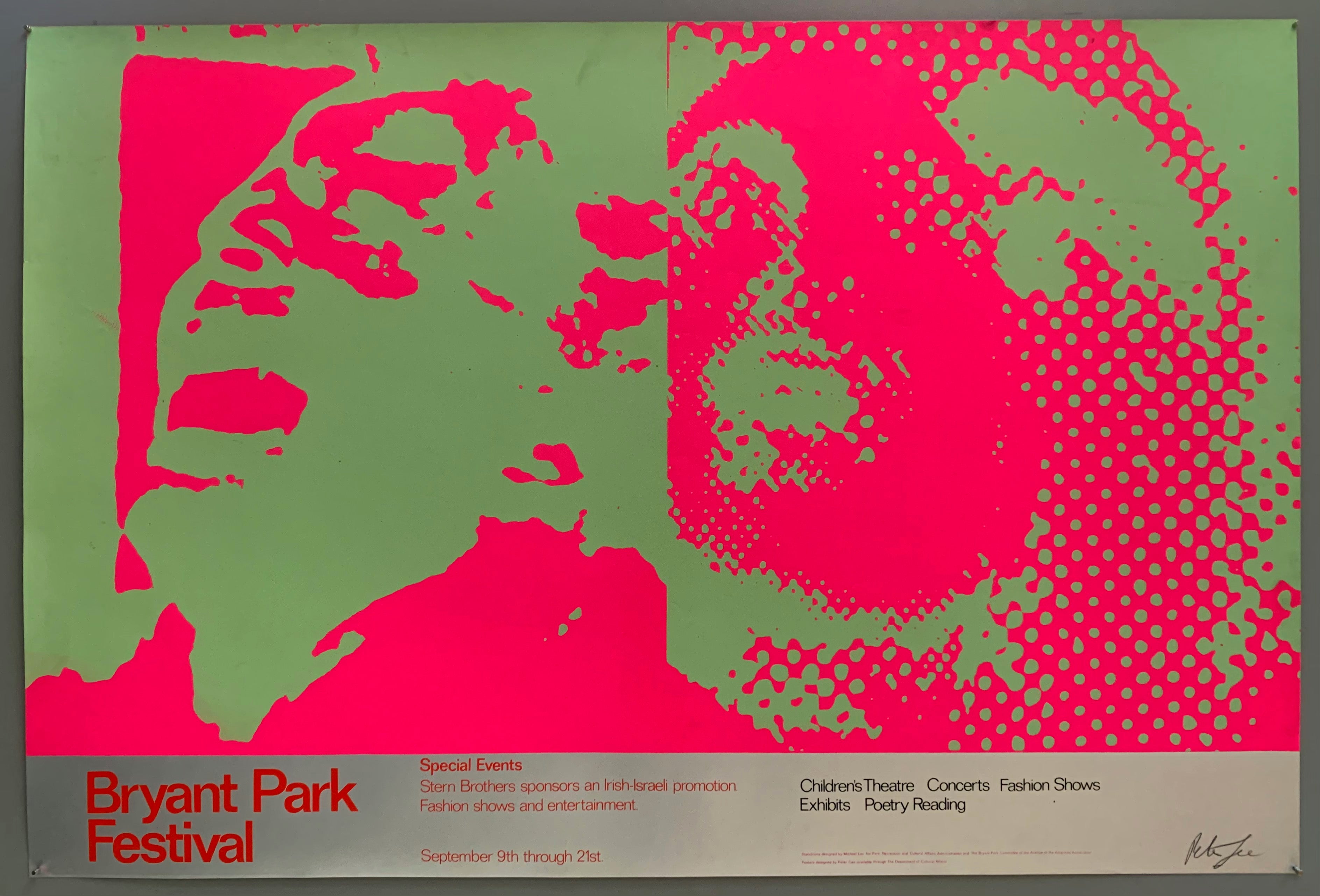 A man and a woman are shown with dramatic expressions, the highlights and shadows colored in a distinctly pop art style. The colors used are pink on chartreuse.