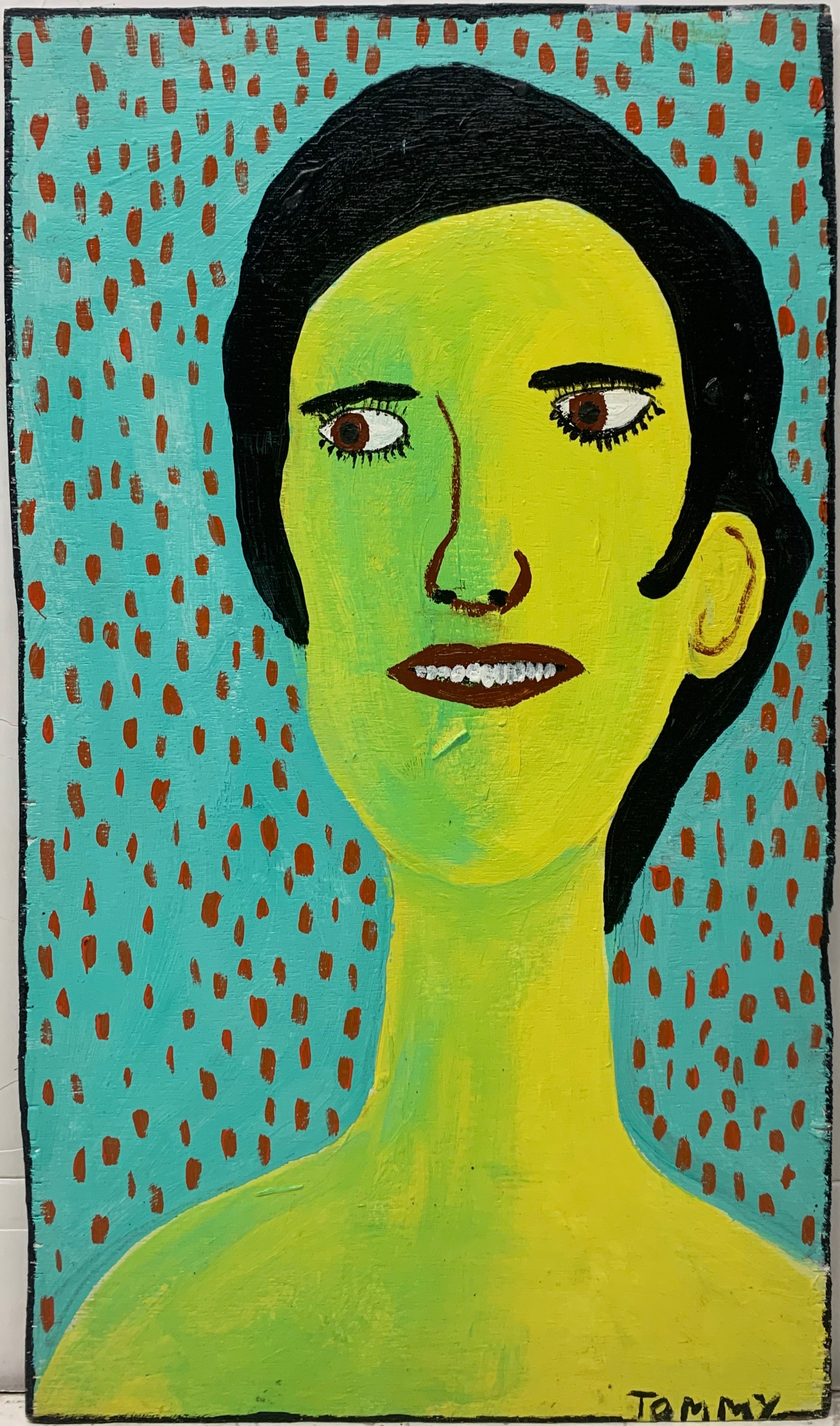 A Tommy Cheng portrait of a woman with lime green skin biting her lip.
