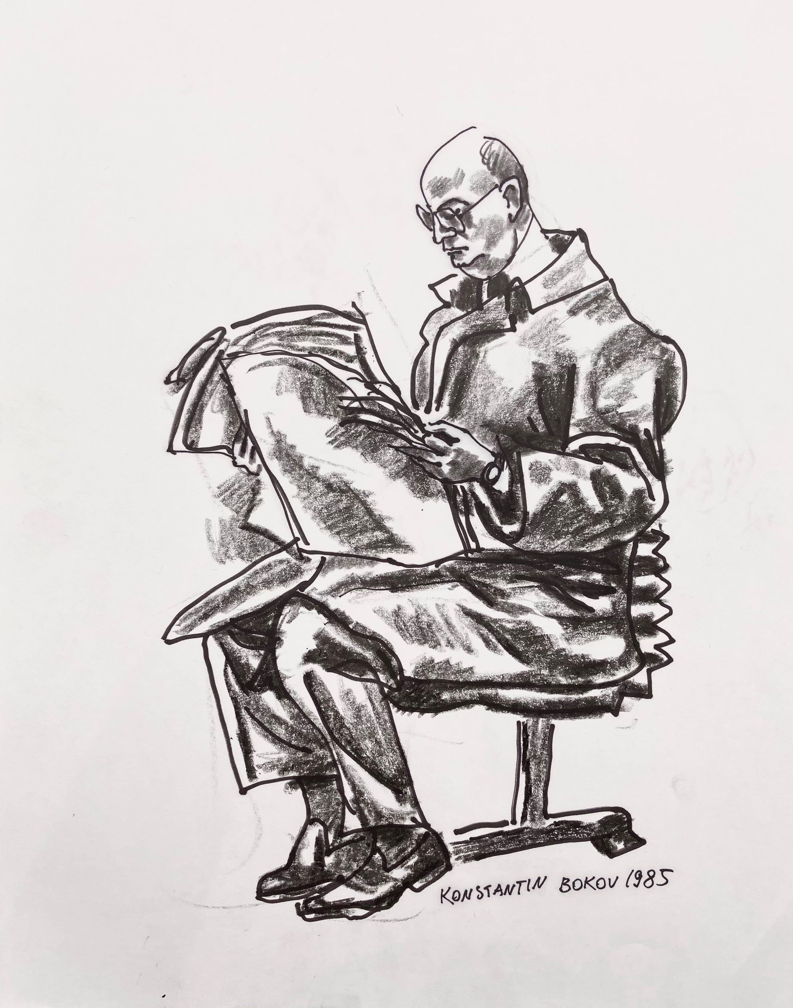 charcoal drawing of a man reading the newspaper