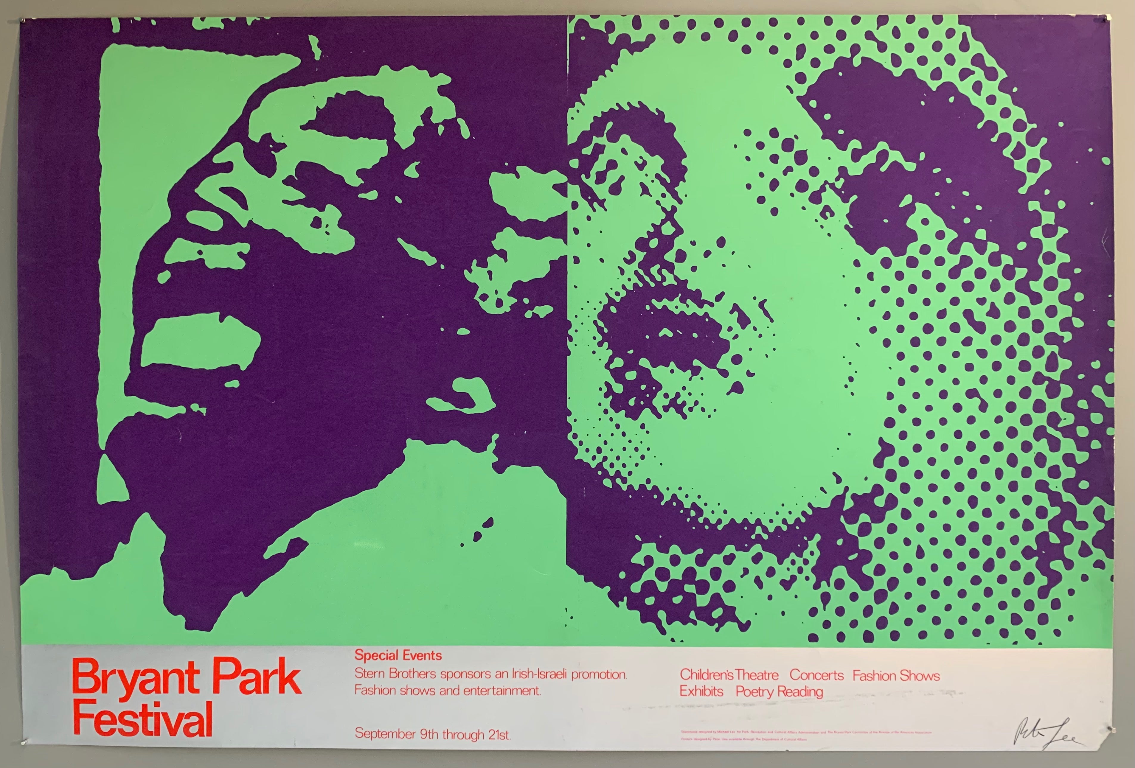 A man and a woman are shown with dramatic expressions, the highlights and shadows colored in a distinctly pop art style. The colors used are a purple and a light turquoise.