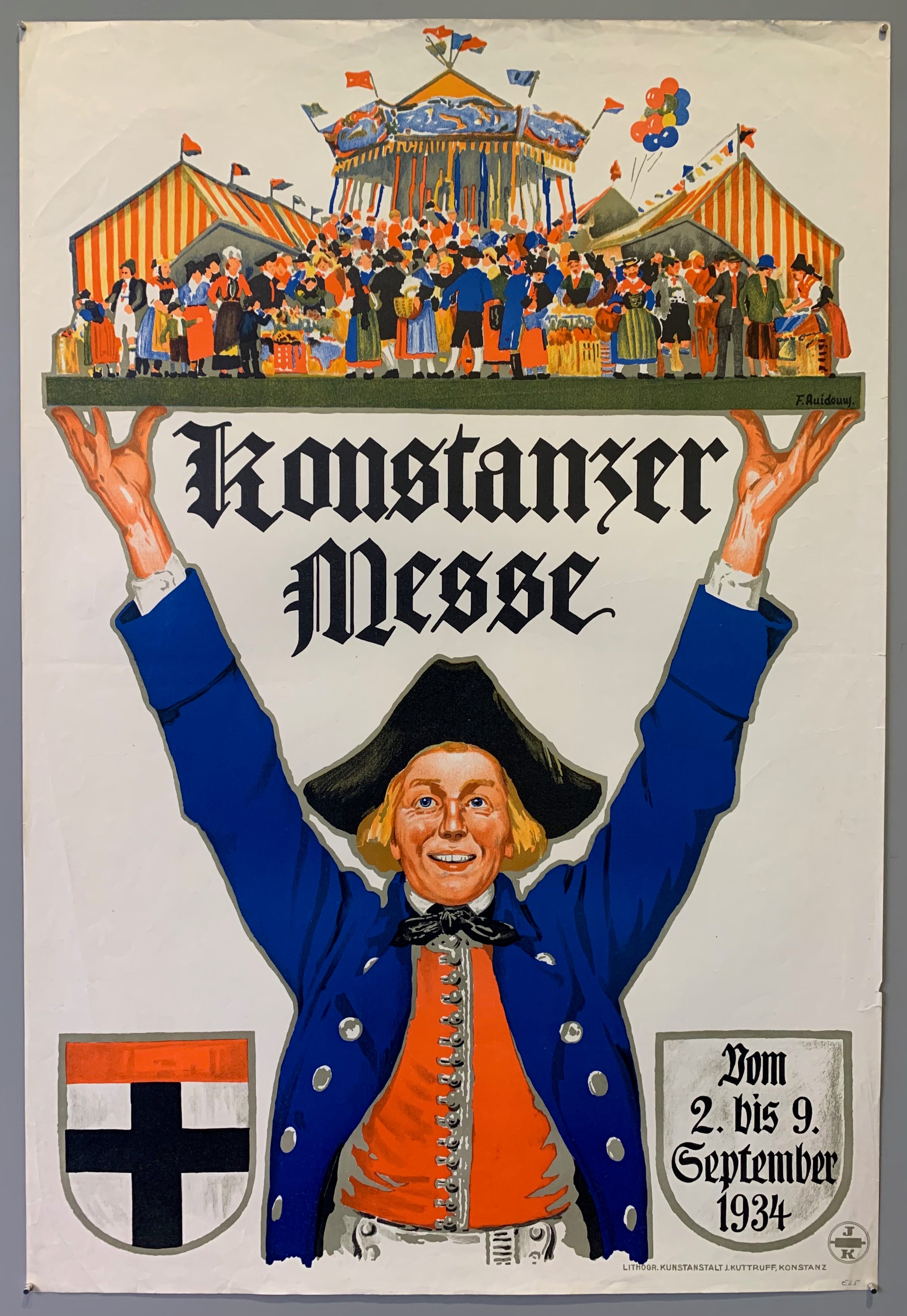 Poster advertising the Konstanz fair in September 1934. The same poster styler is still used today to advertise the fair. Poster shows a man holding up a fair on a platter above his head.