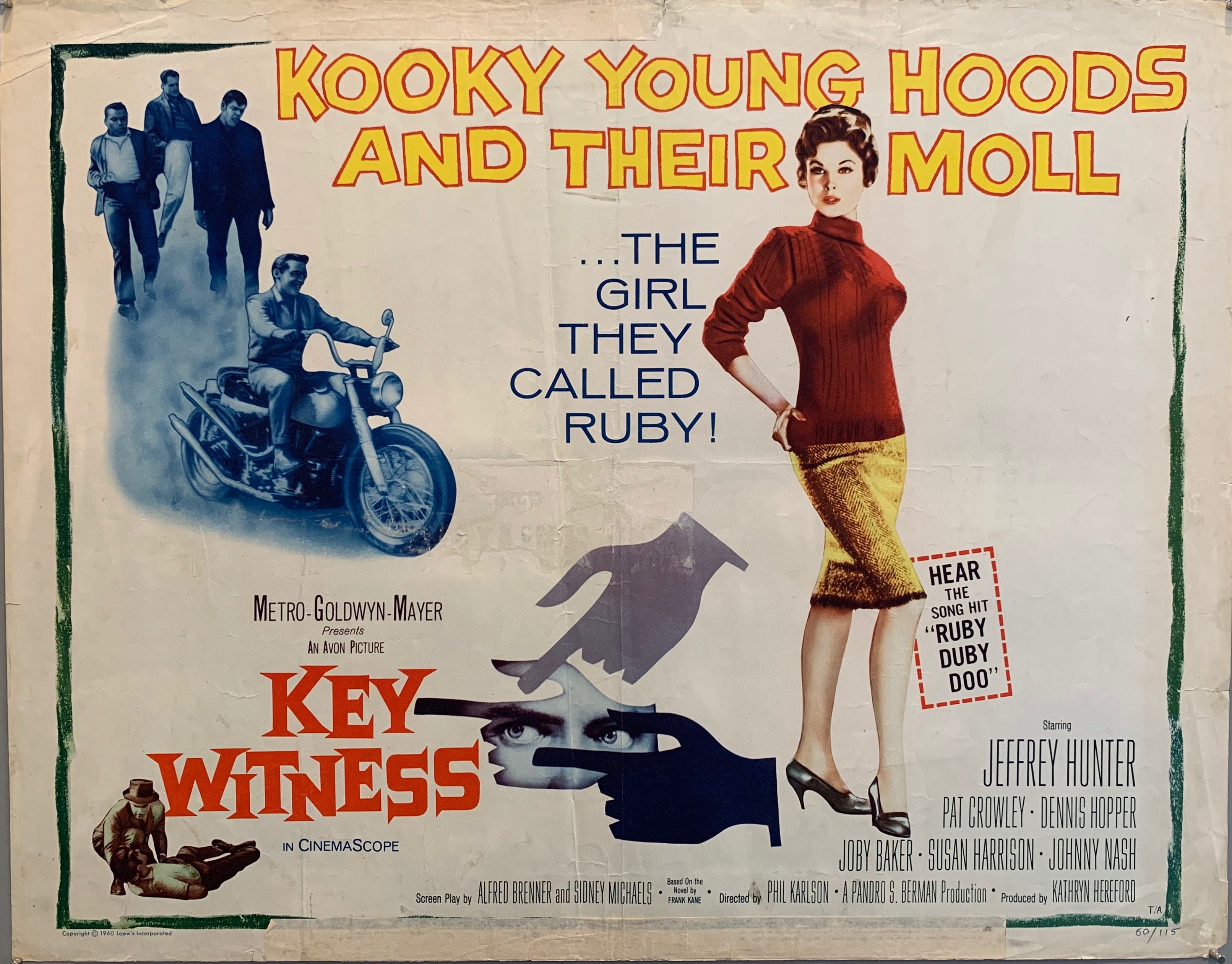 movie poster "kooky" woman in red and yellow, men in background, man on motorcycle, hands pointing