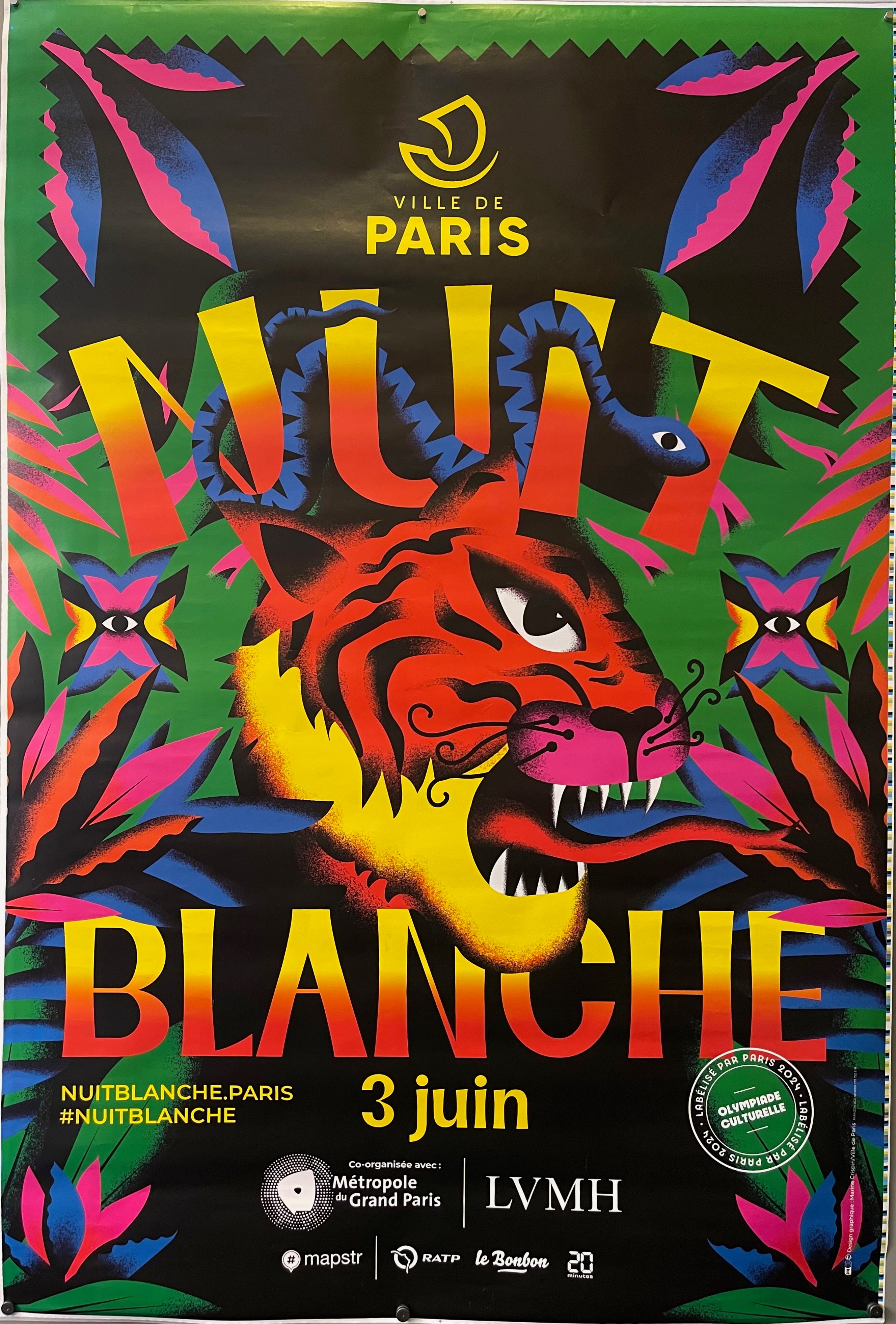 69 x 47 poster with tiger and leaves, text reading Nuit Blanche with 3 juin underneath
