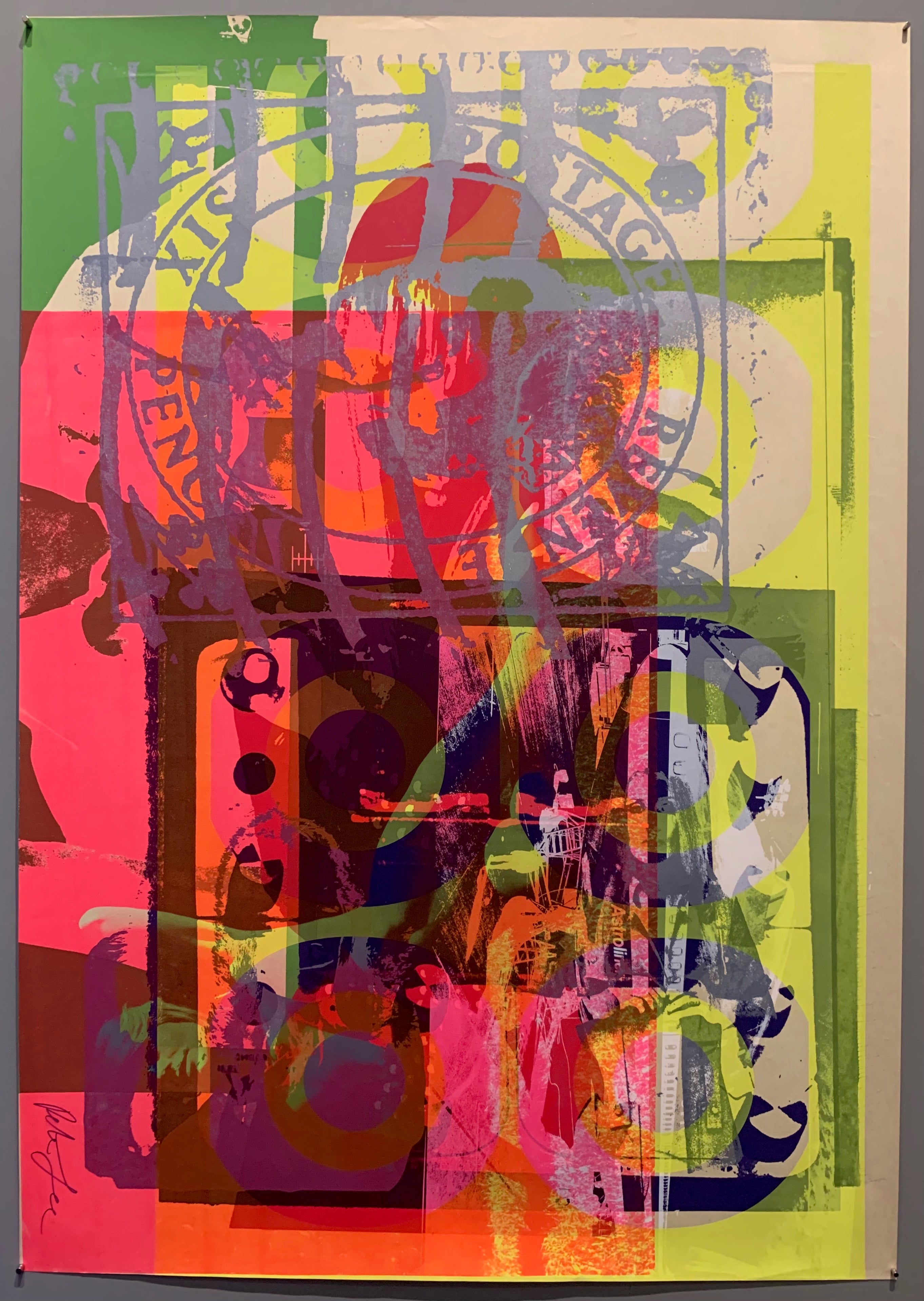 A mix of pop art-style images lay over each other in many neon colors.