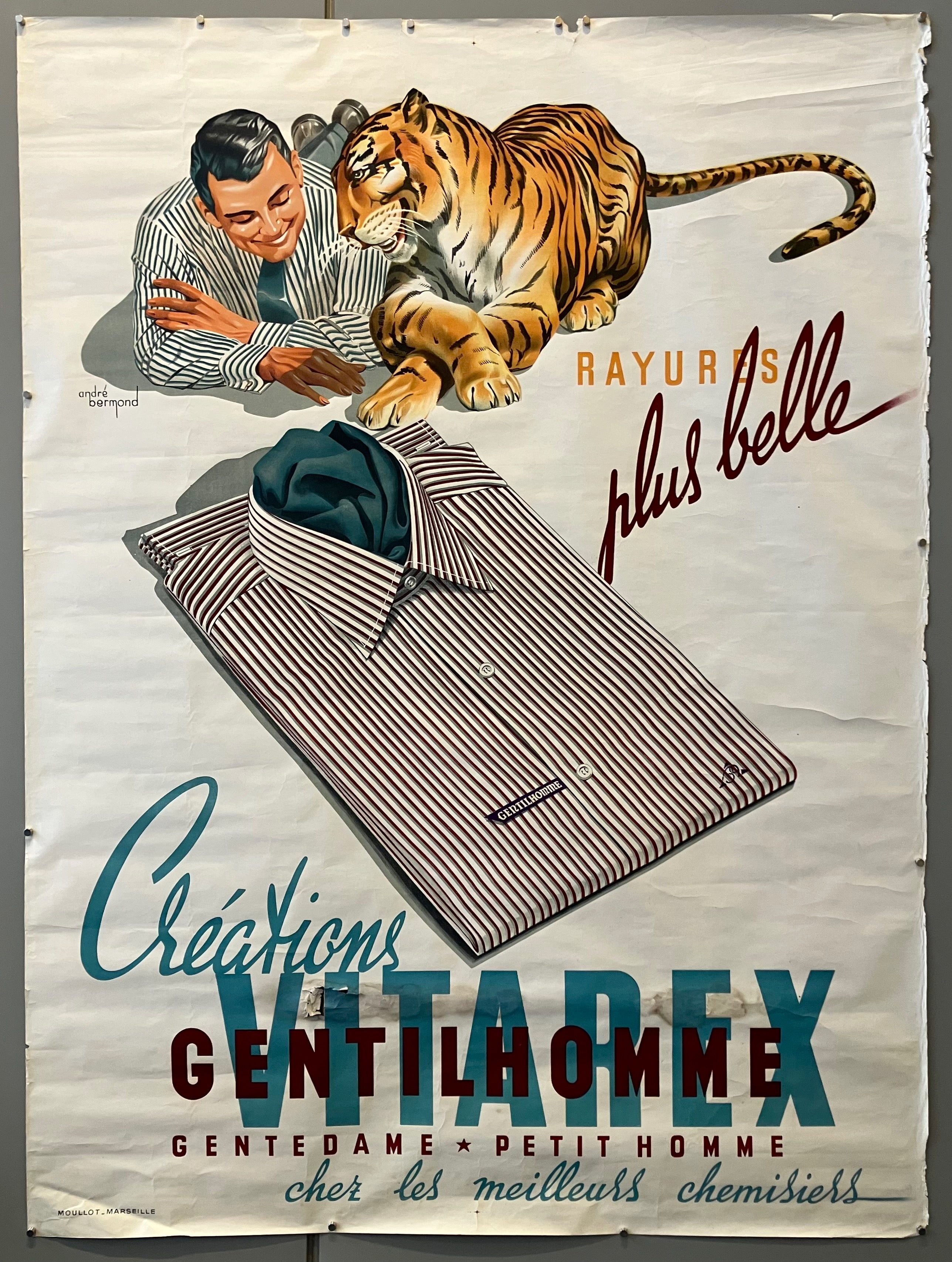 63x47 andre bermond french mens shirts advertisement featuring striped shirt with man and tiger