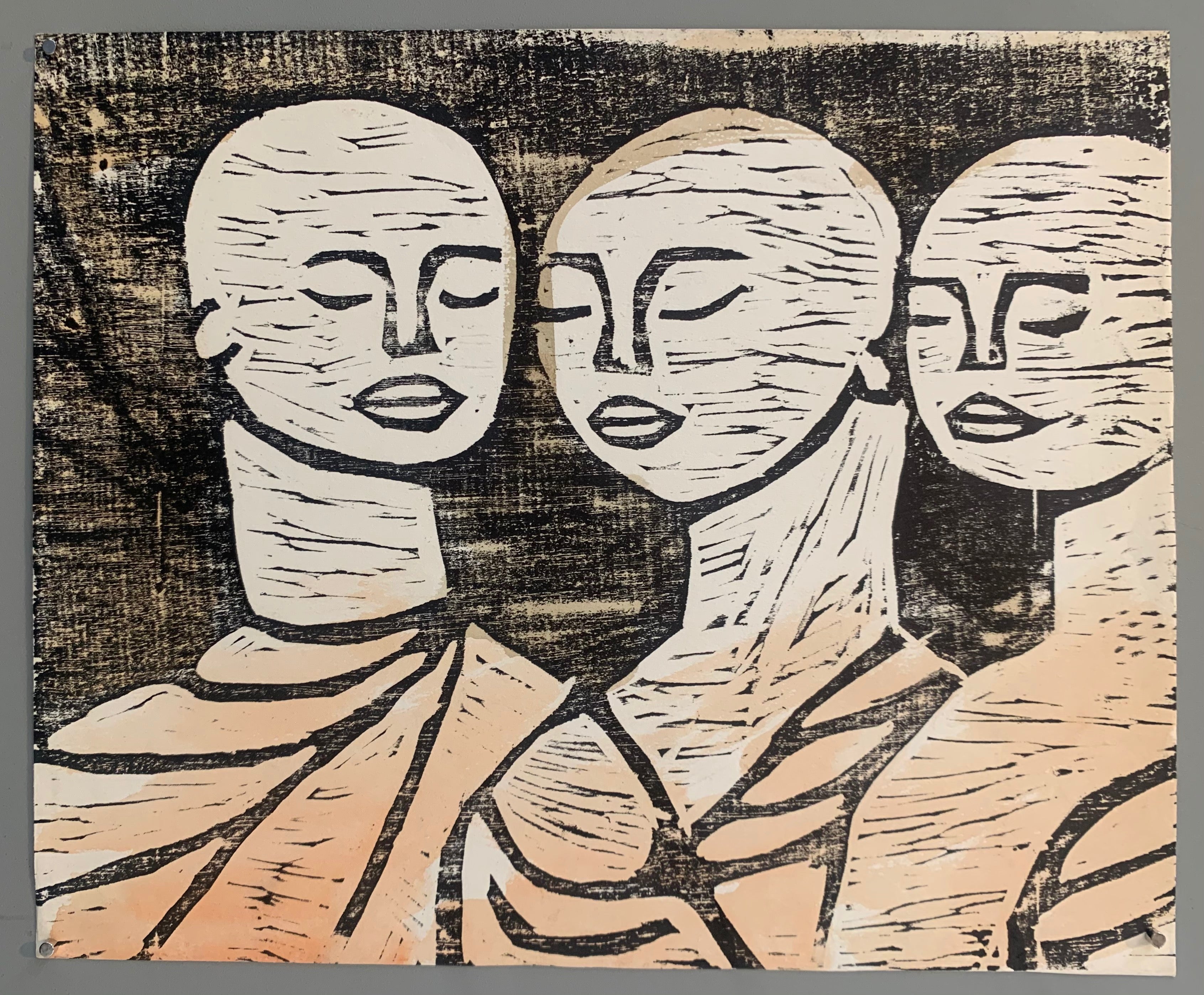 woodblock of three monks.