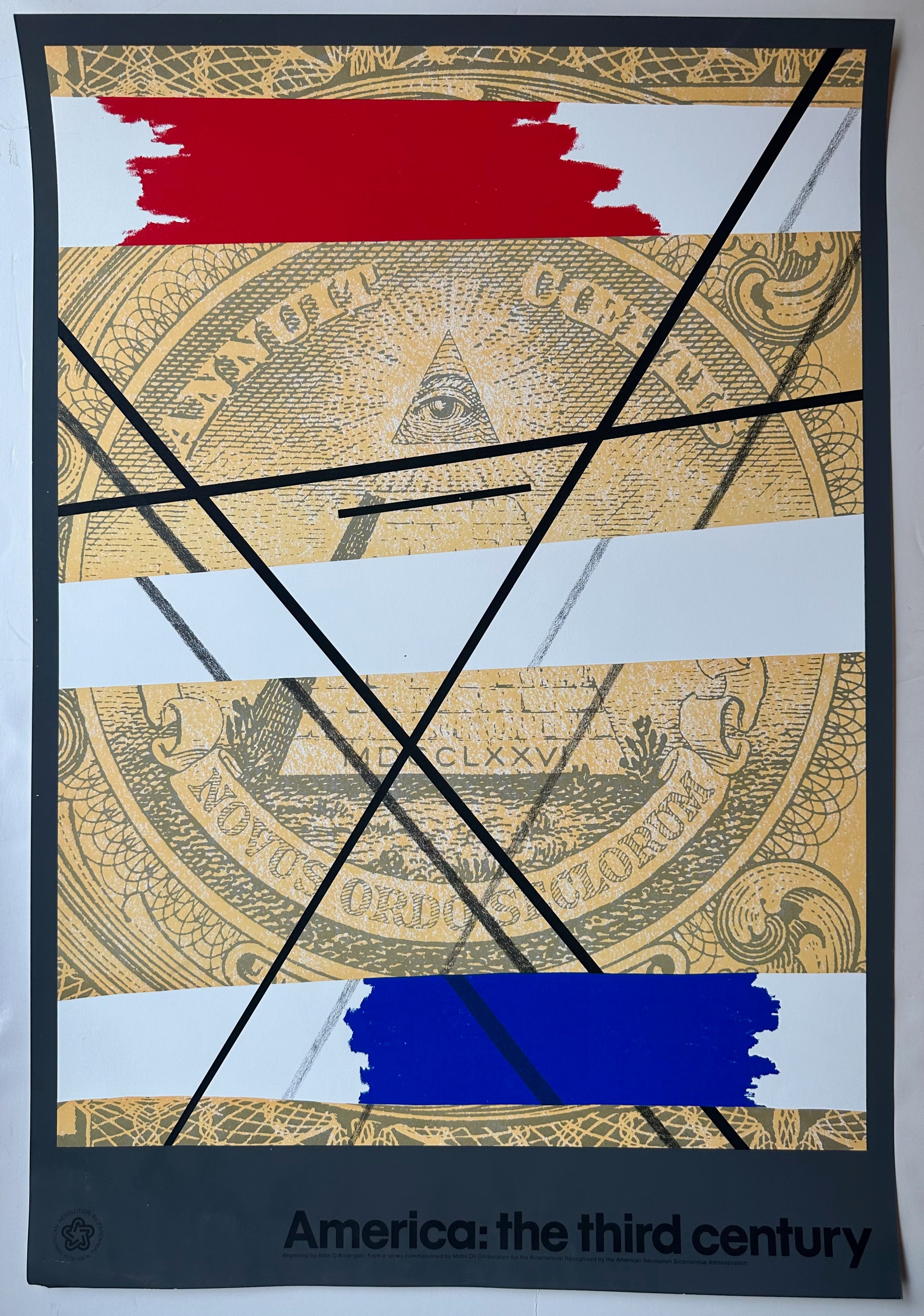36x24 1970s poster promoting american revolution bicentennial featuring eye of providence great seal and american flag abstracted over it