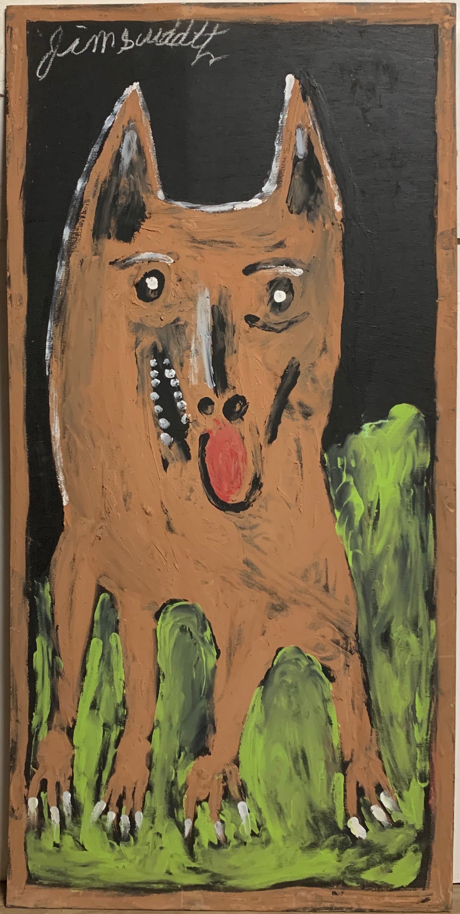A painting of a brown, panting dog.