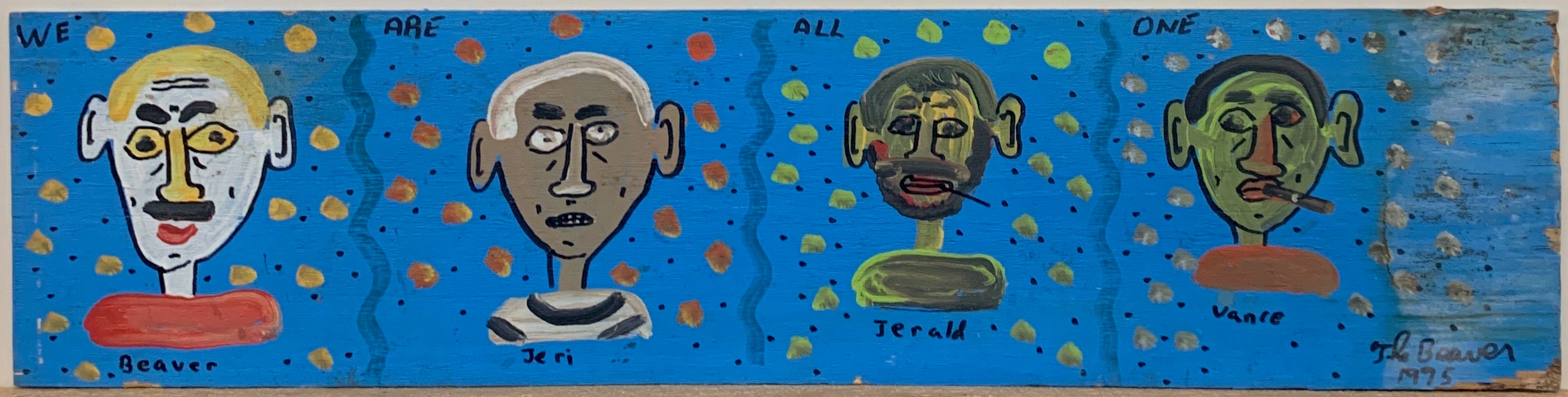 A painting by The Beaver divided into four quadrants, and inside of each is a portrait of different colored man.