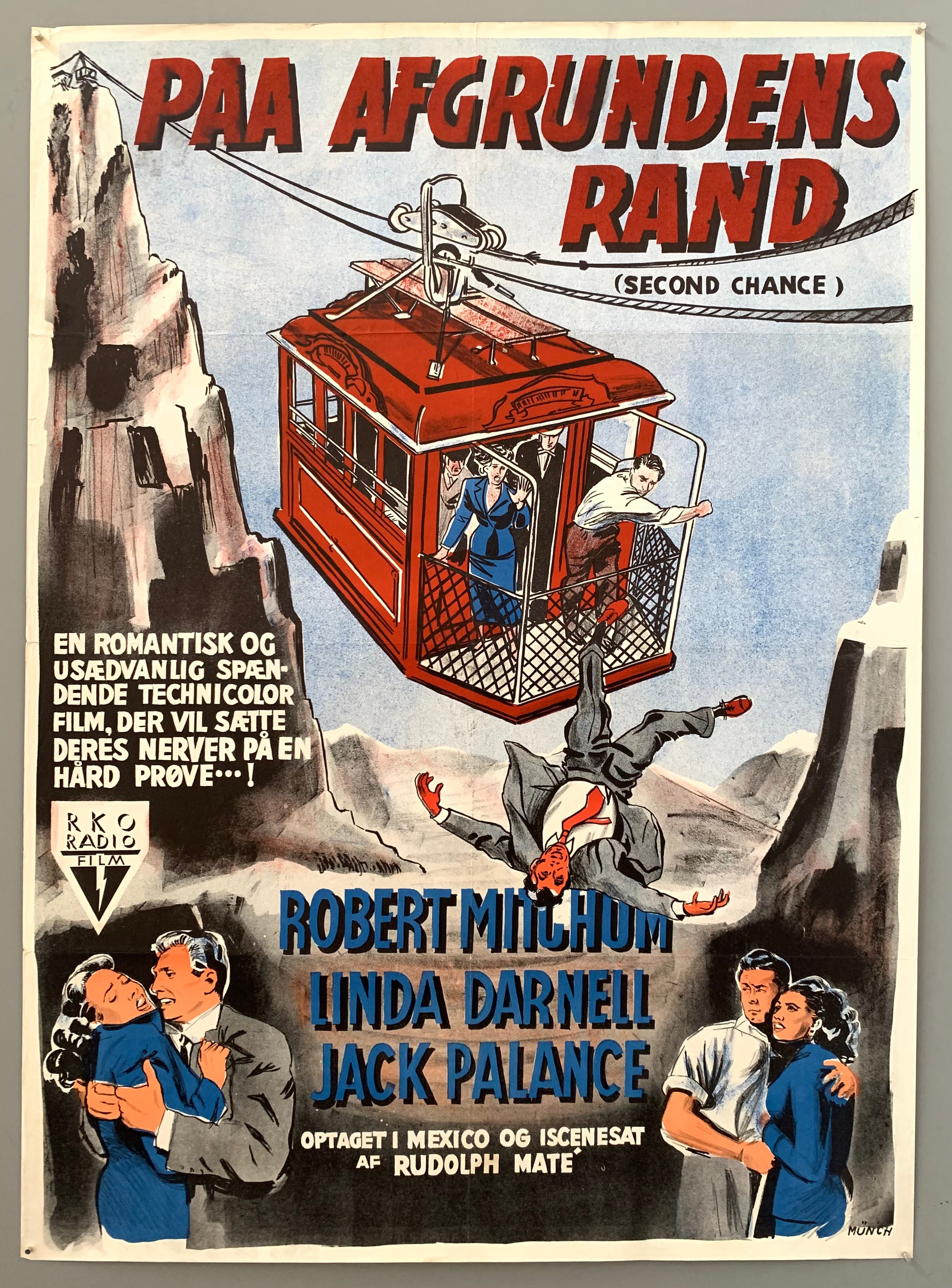 Artistic rendition of a man falling out of a cable car with others still on it. Two couples embrace in lower left and right corners.