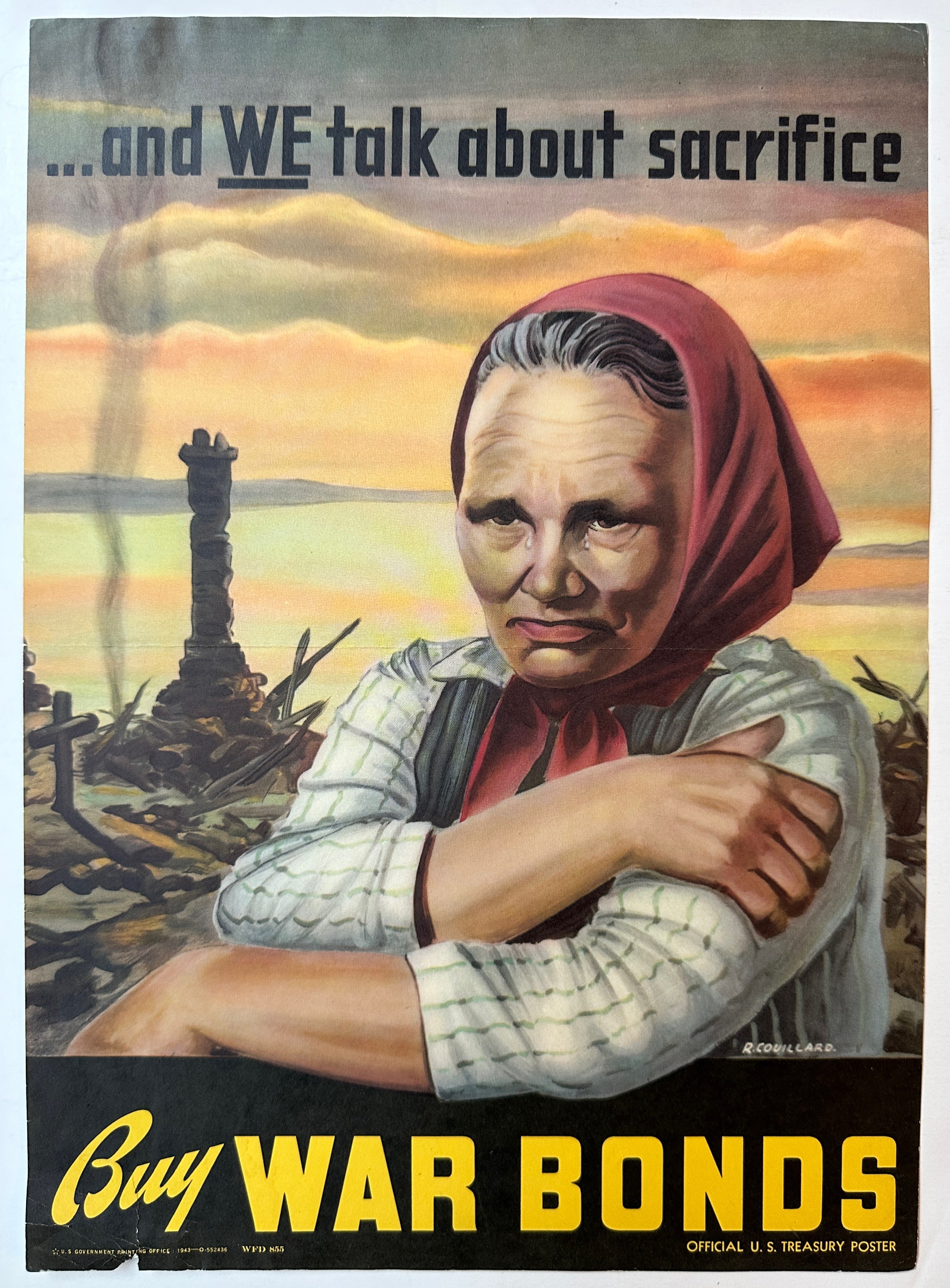 11x14 poster calling for people to buy war bonds featuring an illustrated woman crying as her town is in ruins behind her