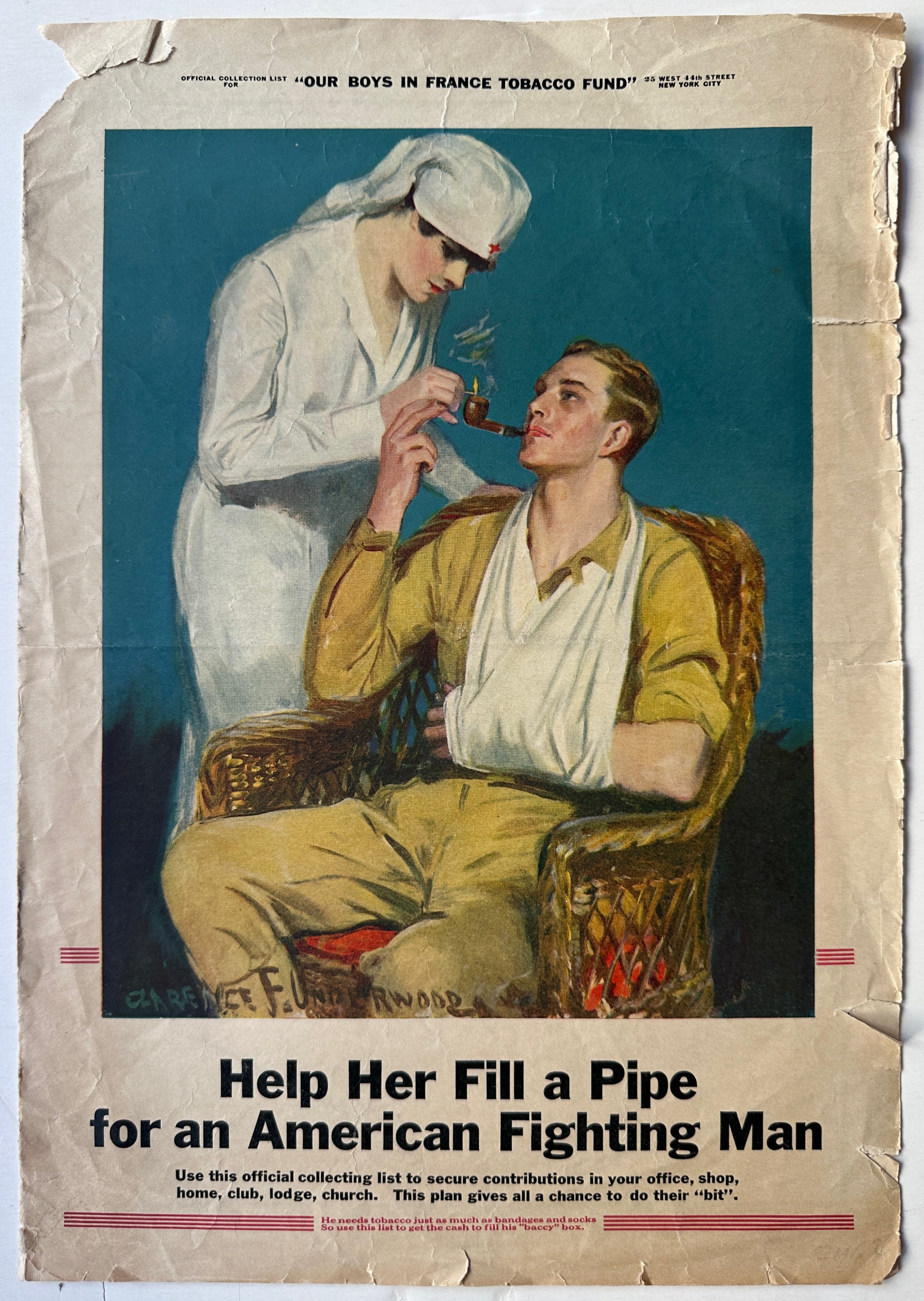 10x15 vertical booklet of a nurse lighting a soldier's pipe as he sits with his arm in a sling on the cover