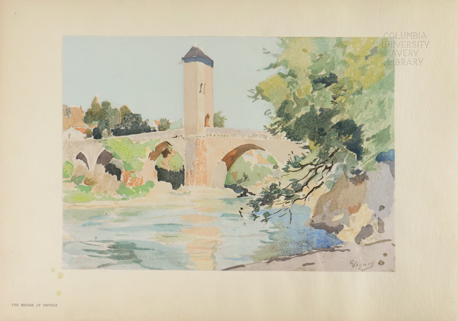 A stone bridge with several arches is over a river, with a riverbank filled with plants alongside it, and a faroff city in the back. Print of a watercolor.