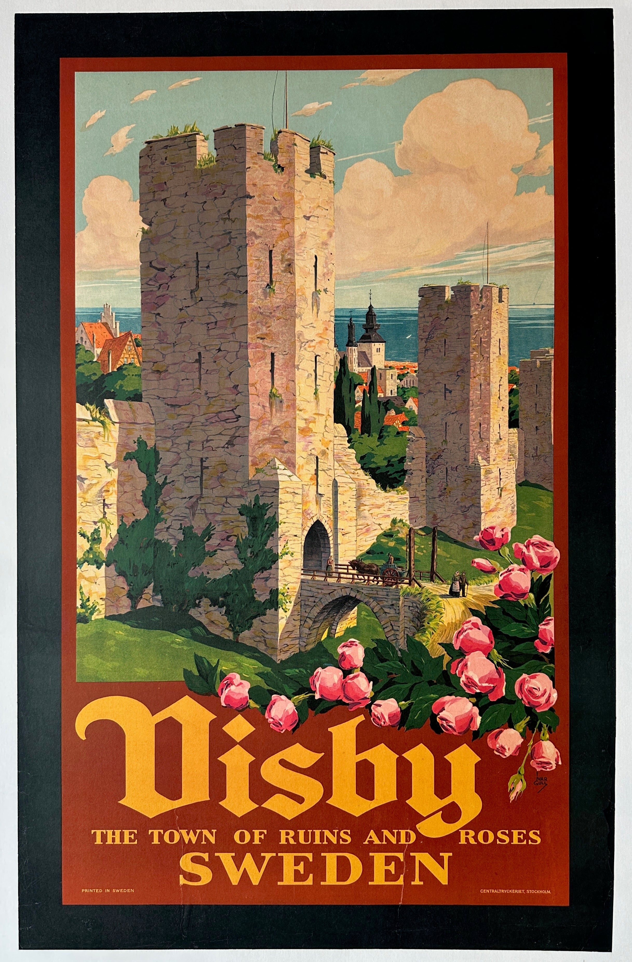 25x39 linen backed Swedish travel poster featuring Centraltryckeriet, Stockholm