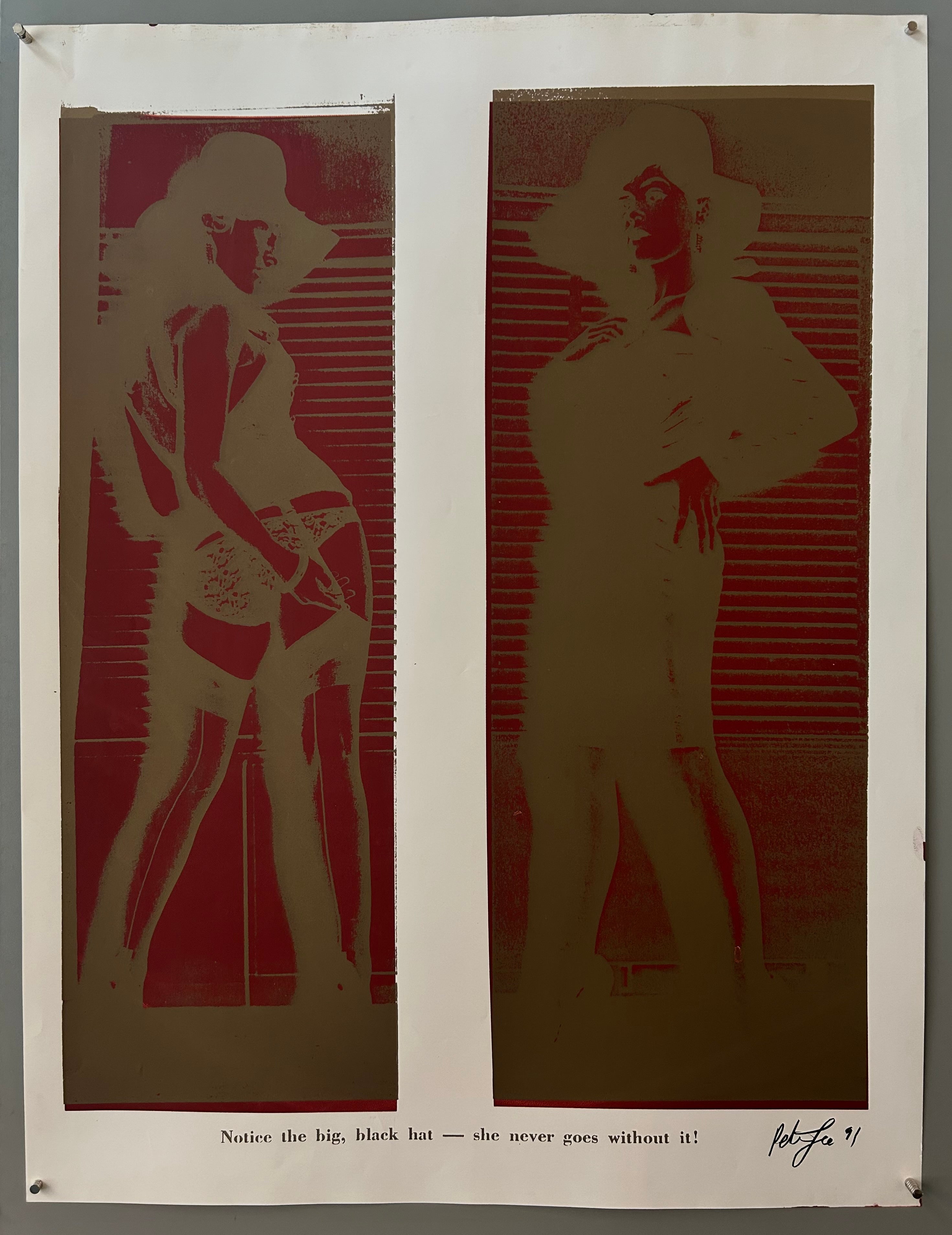 Two pop-art style women in hats are laid next to each other. Their faces are looking at the viewer but their bodies are turned around.