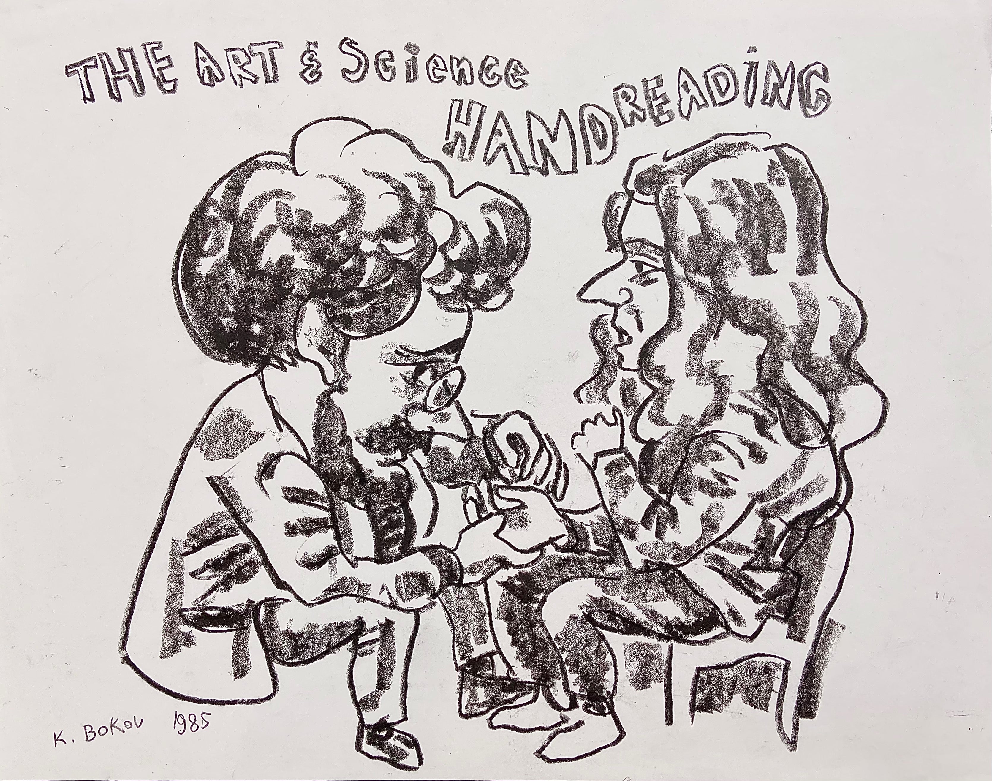 charcoal drawing of a palm reader
