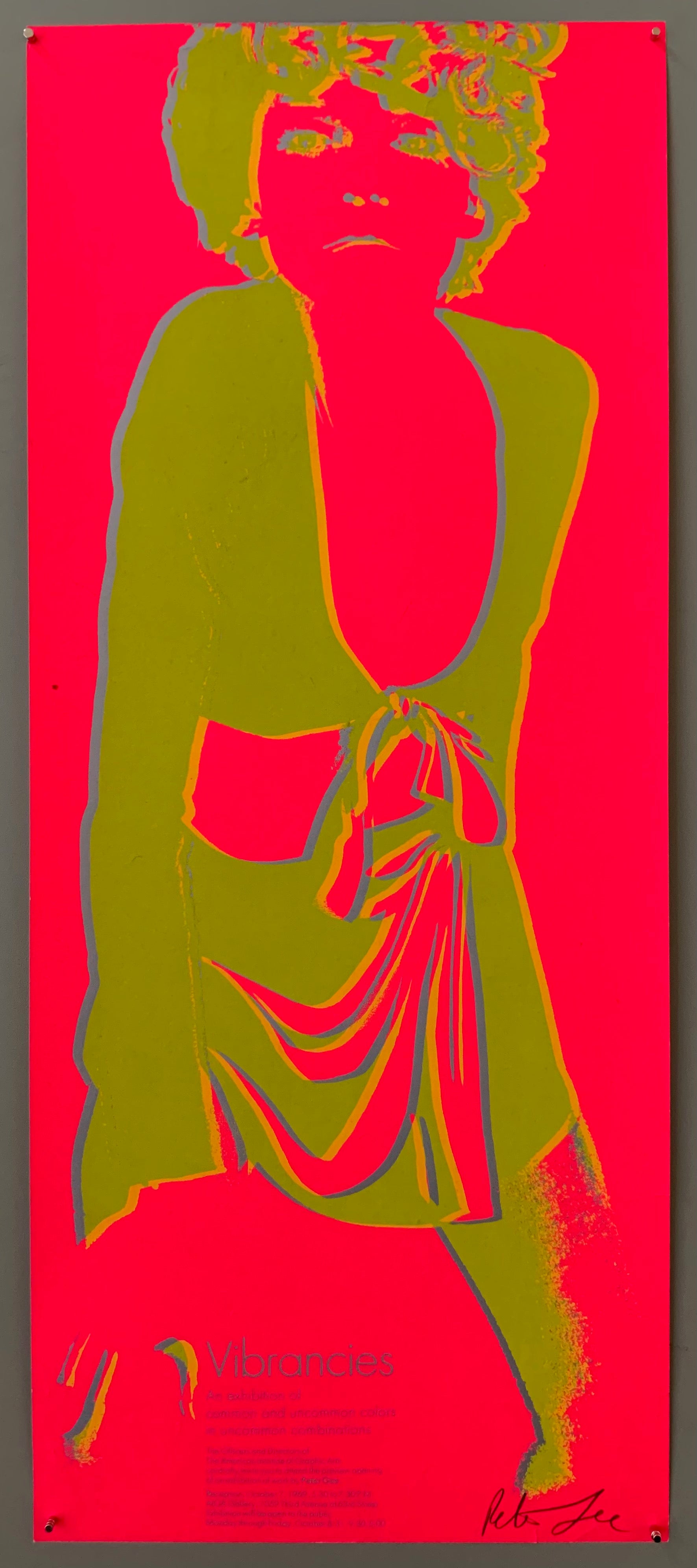 Outline of a groovy woman shown, her clothing and hair in a mix of yellow and blue, creating a semi-green. The background is in neon pink, as well as her skin.