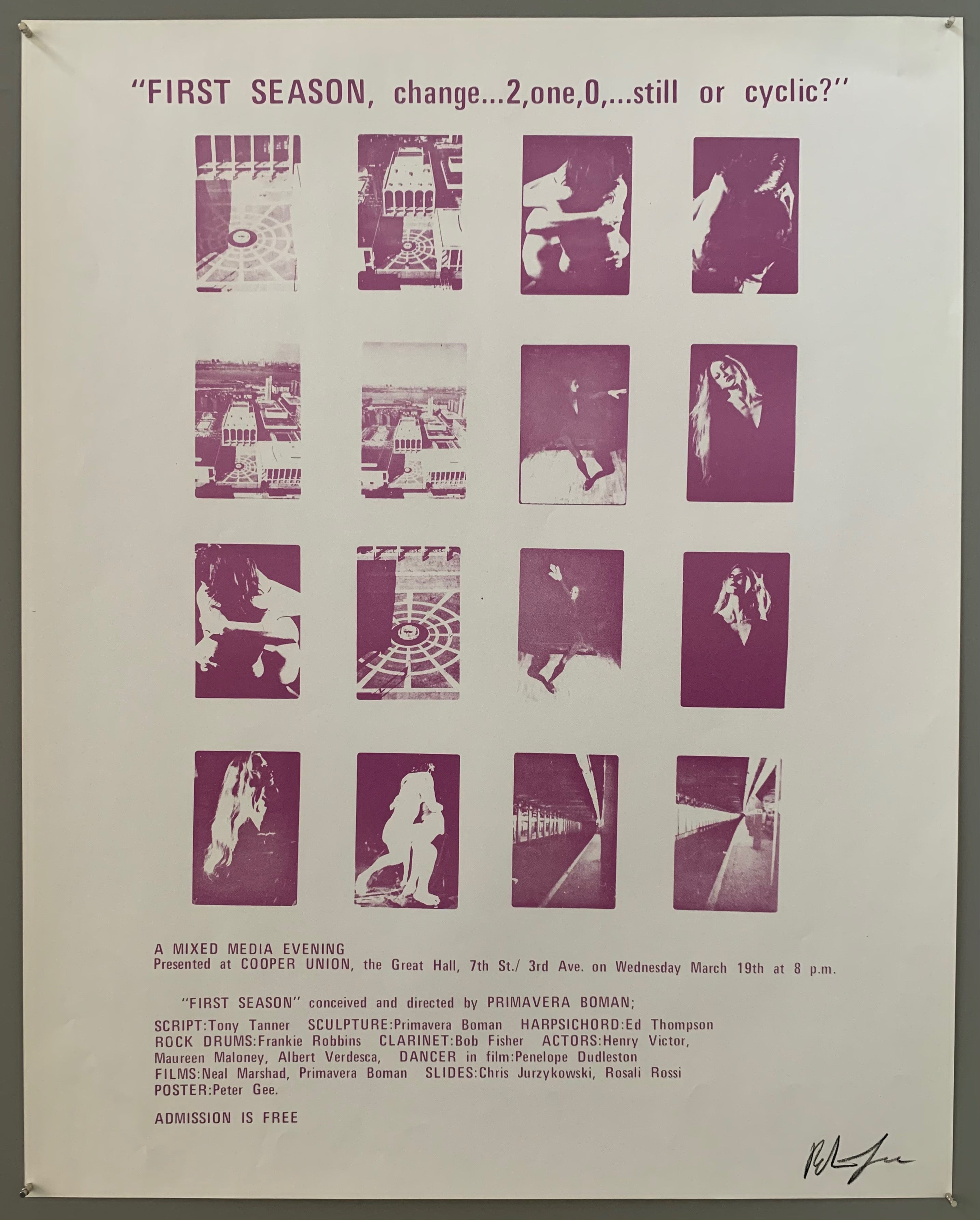 A series of squares containing scenes are shown. The text is on the top and the bottom in purple. The style of printing is pop art, where a lot of colors are put on top of each other. The colors featured are purple.