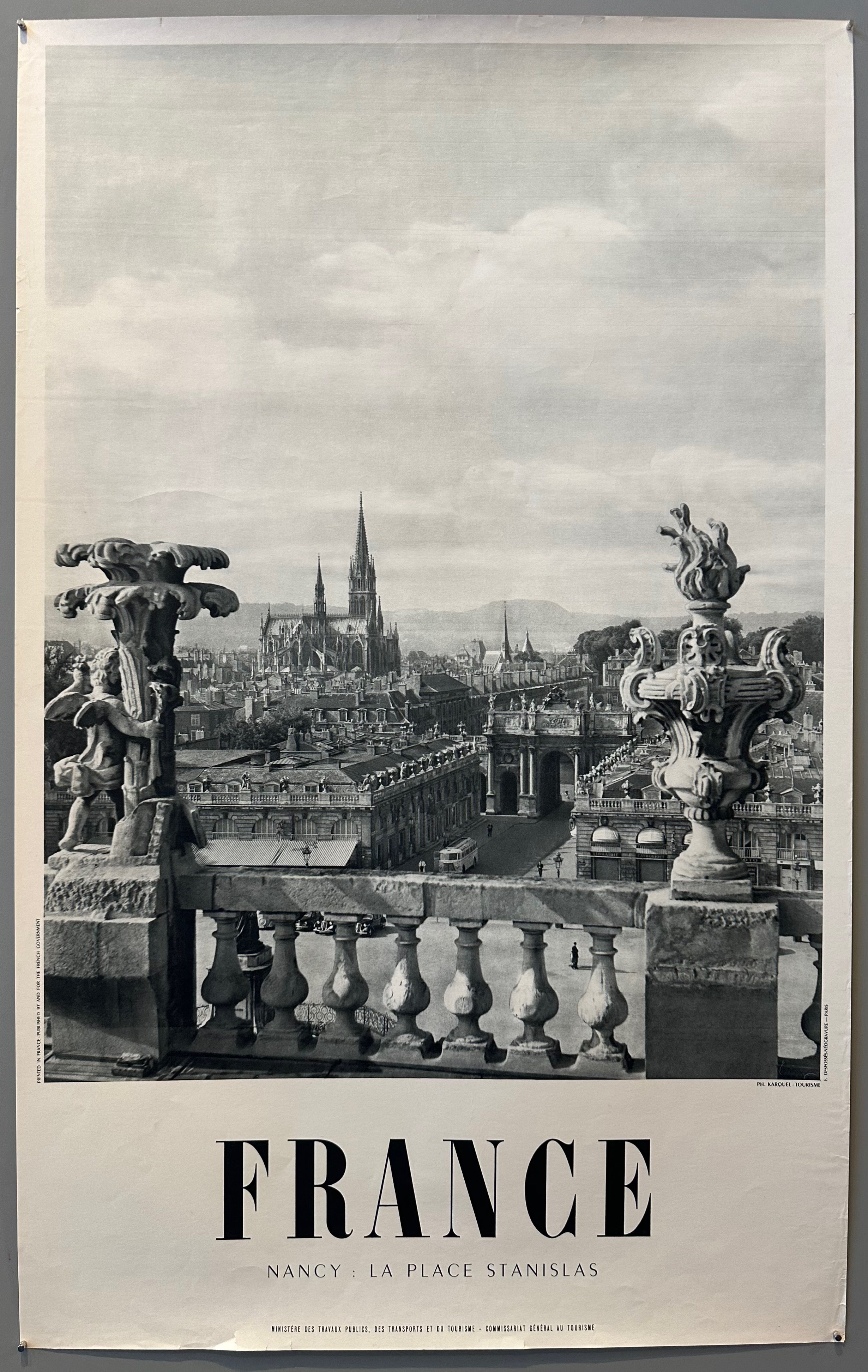 40x25 1950s black and white french travel poster featuring photo of la place stanislas in nancy