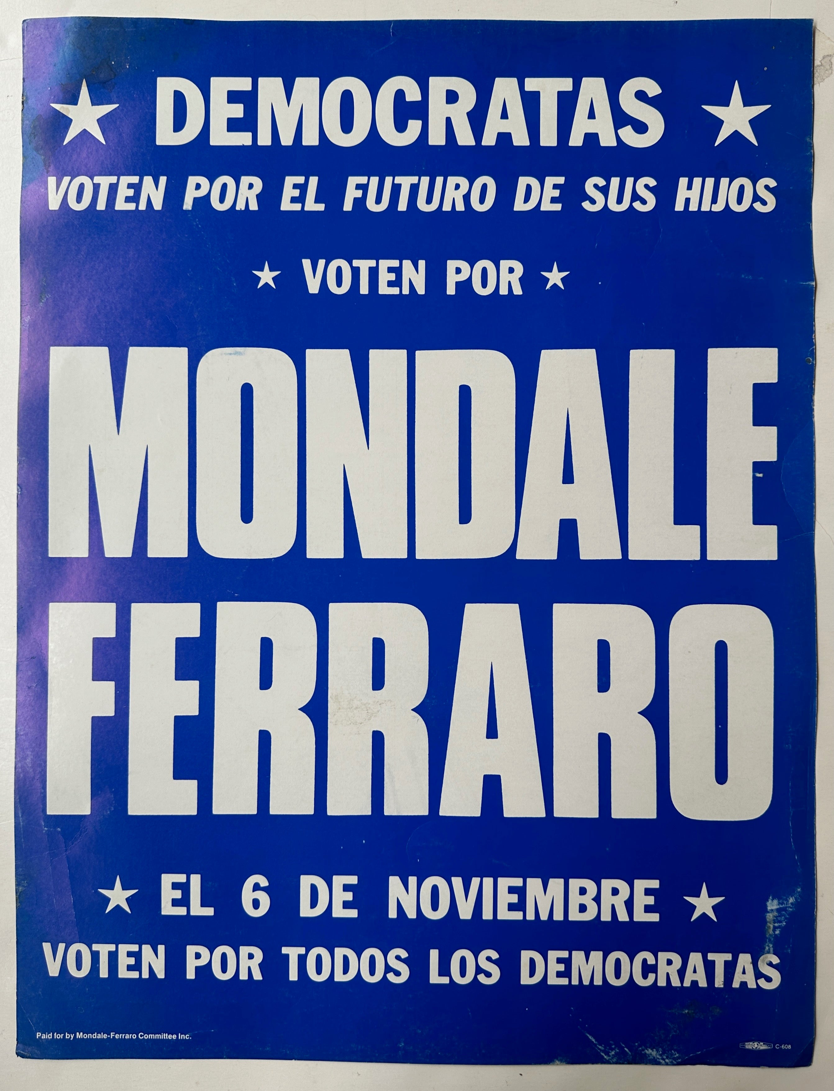 22.25x16 white on blue poster for mondale and ferraro democratic presidential campaign in 1984 in spanish