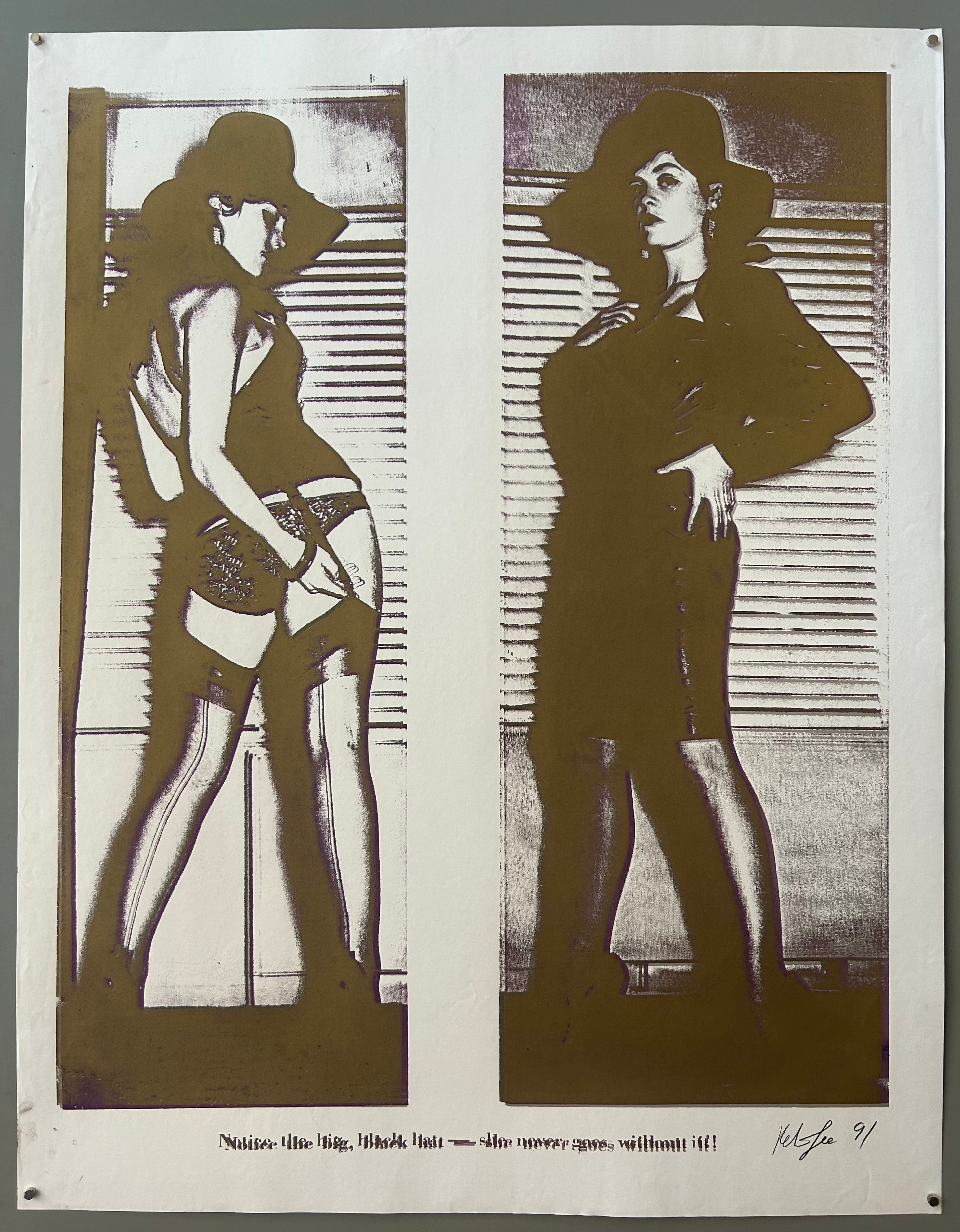 Two pop-art style women in hats are laid next to each other. Their faces are looking at the viewer but their bodies are turned around.