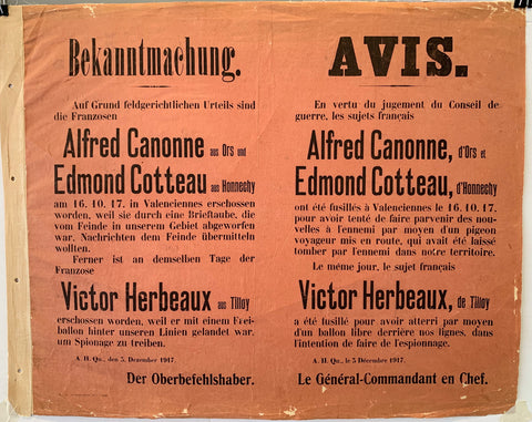Link to Bekanntmachung - Aufgrund landgerichtlichen Urteils sind die Franzosen Alfred Canonne aus Ors und Edmond Cotteau aus HonnechyFrance, C. 1917 Product