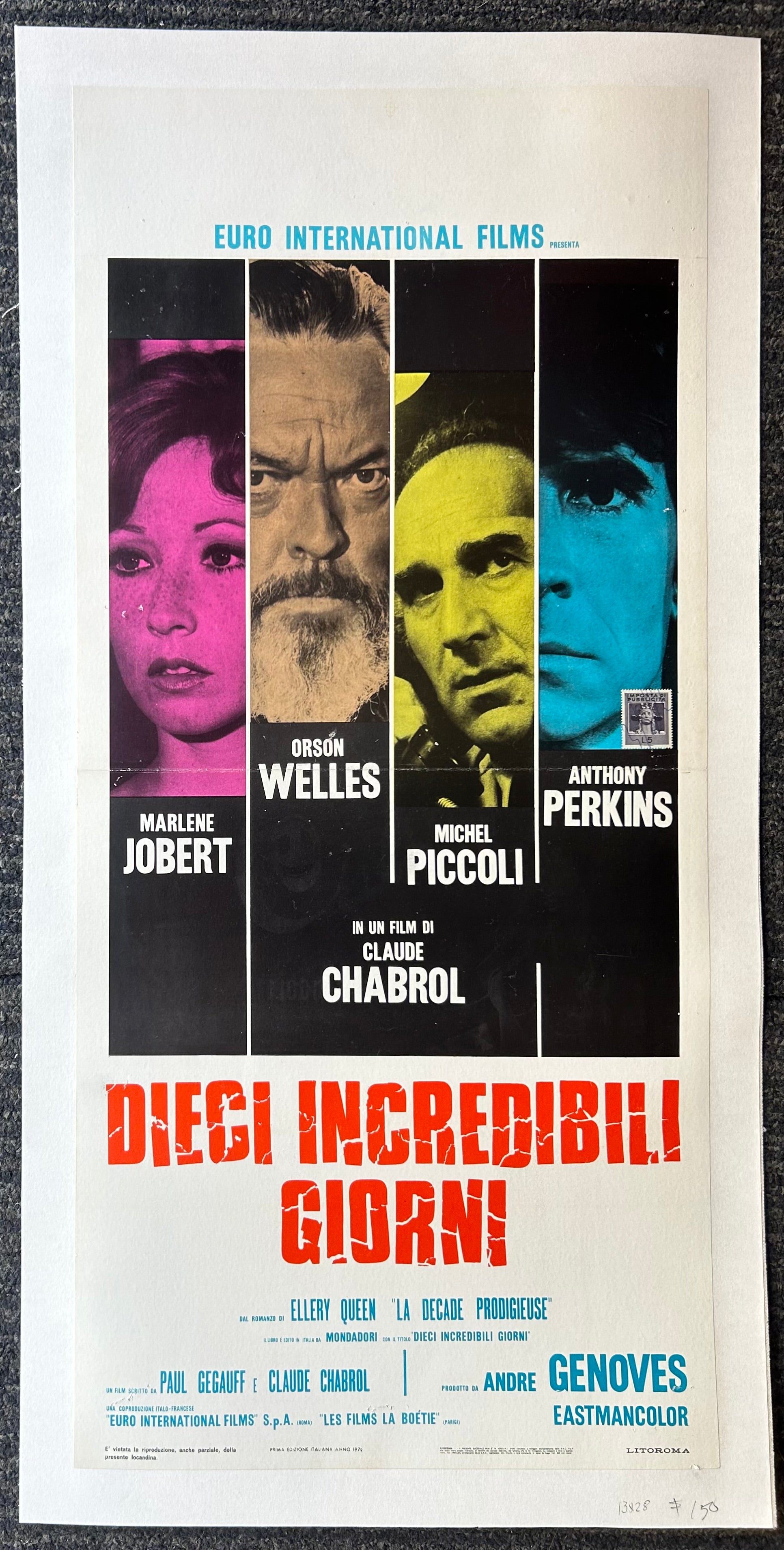 Portraits of the cast are in pink, brown, yellow and blue light. The border is white with bold red text and blue subtext.