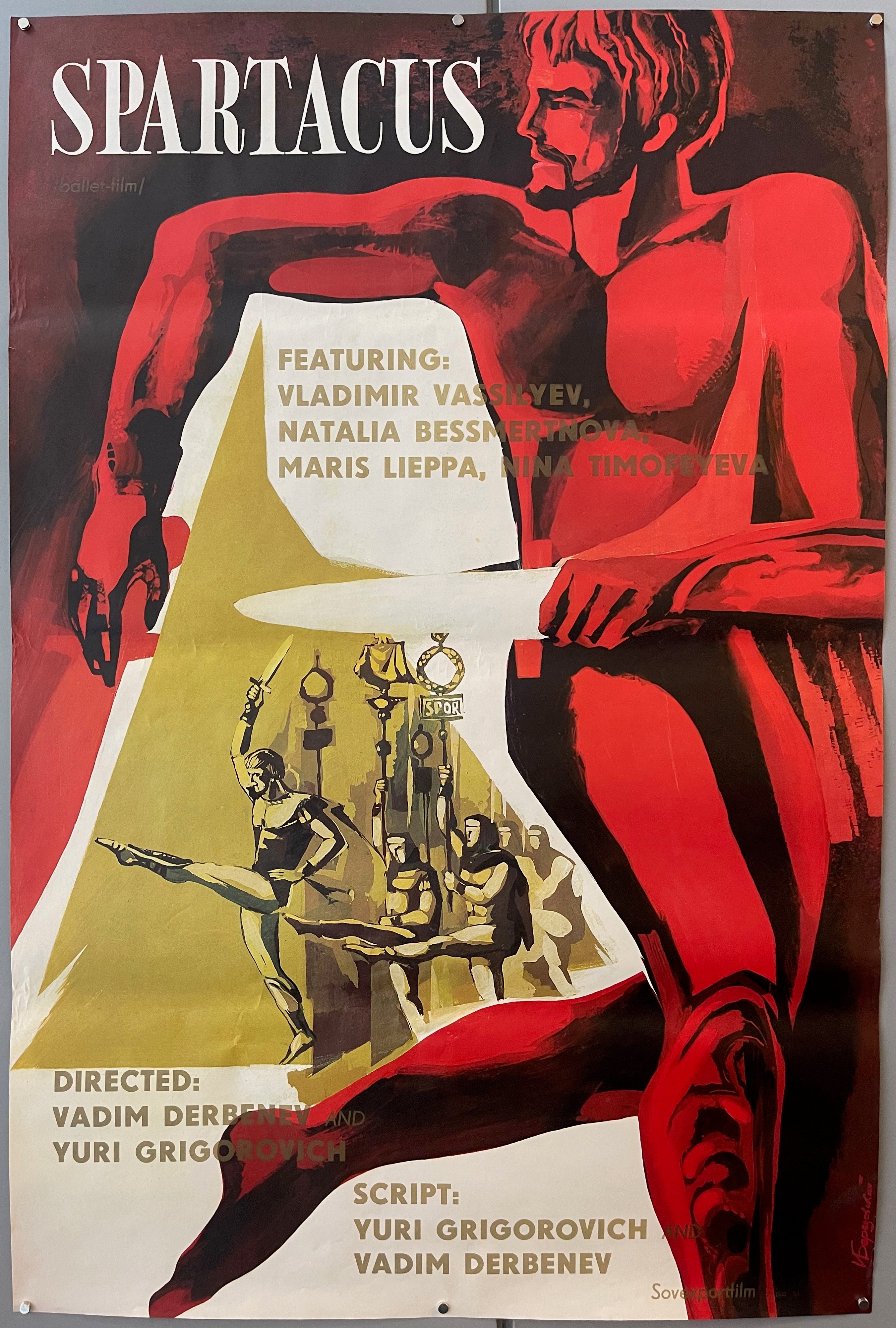 47x31 1977 promotional poster for russian ballet-film spartacus featuring cast information against red/gold art with scenes from ballet