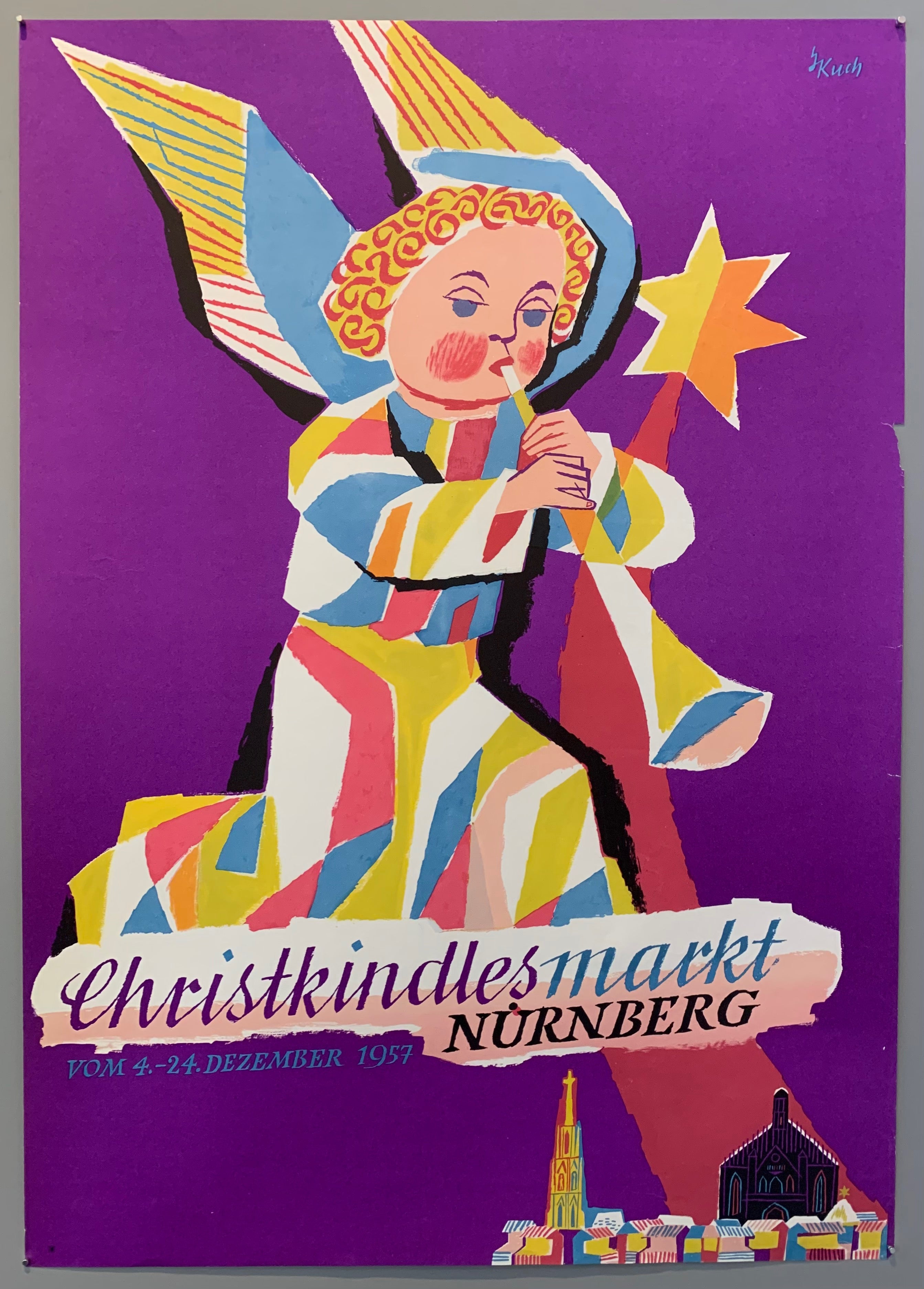 Poster for the Nuremberg christmas market in December. Pictures is an angel playing an instrument above Nuremberg. Angel is multi-colored over a purple background.