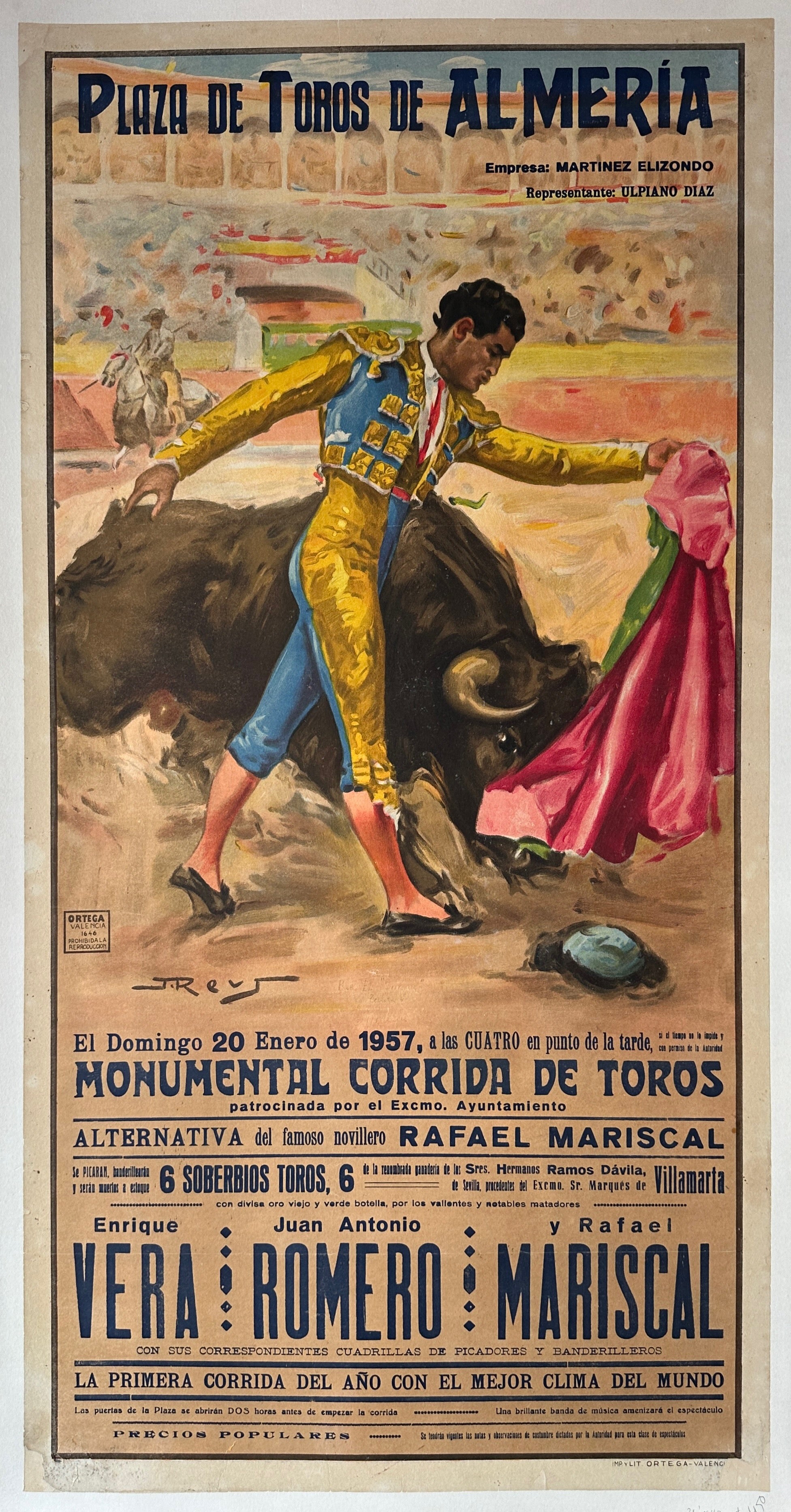 21.5x42 linen backed bullfighting poster featuring a matador mid-fight with a bull