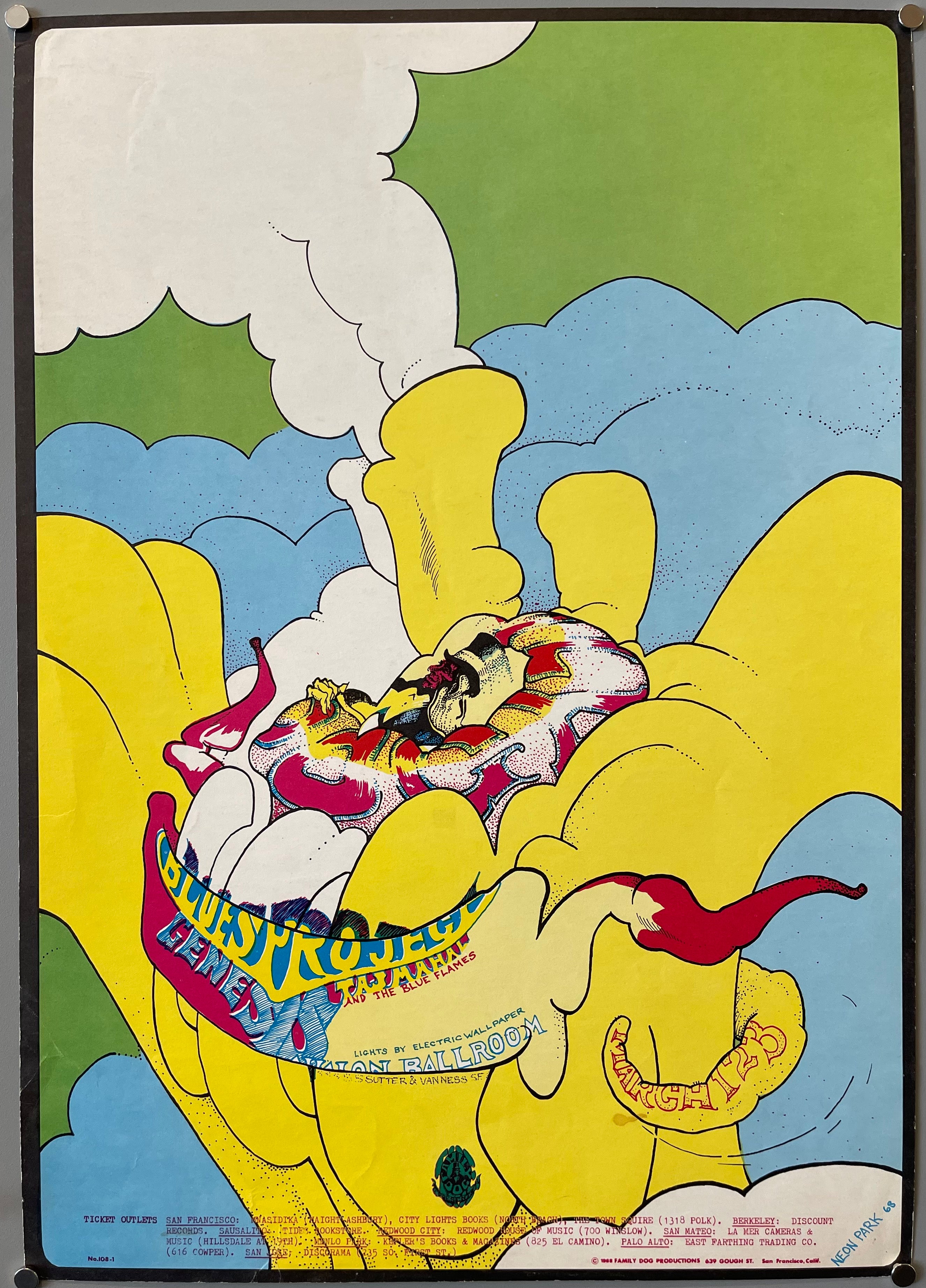 background is whit green and blue cloudds.abstract yellow peyote bud contains family dog logo in center