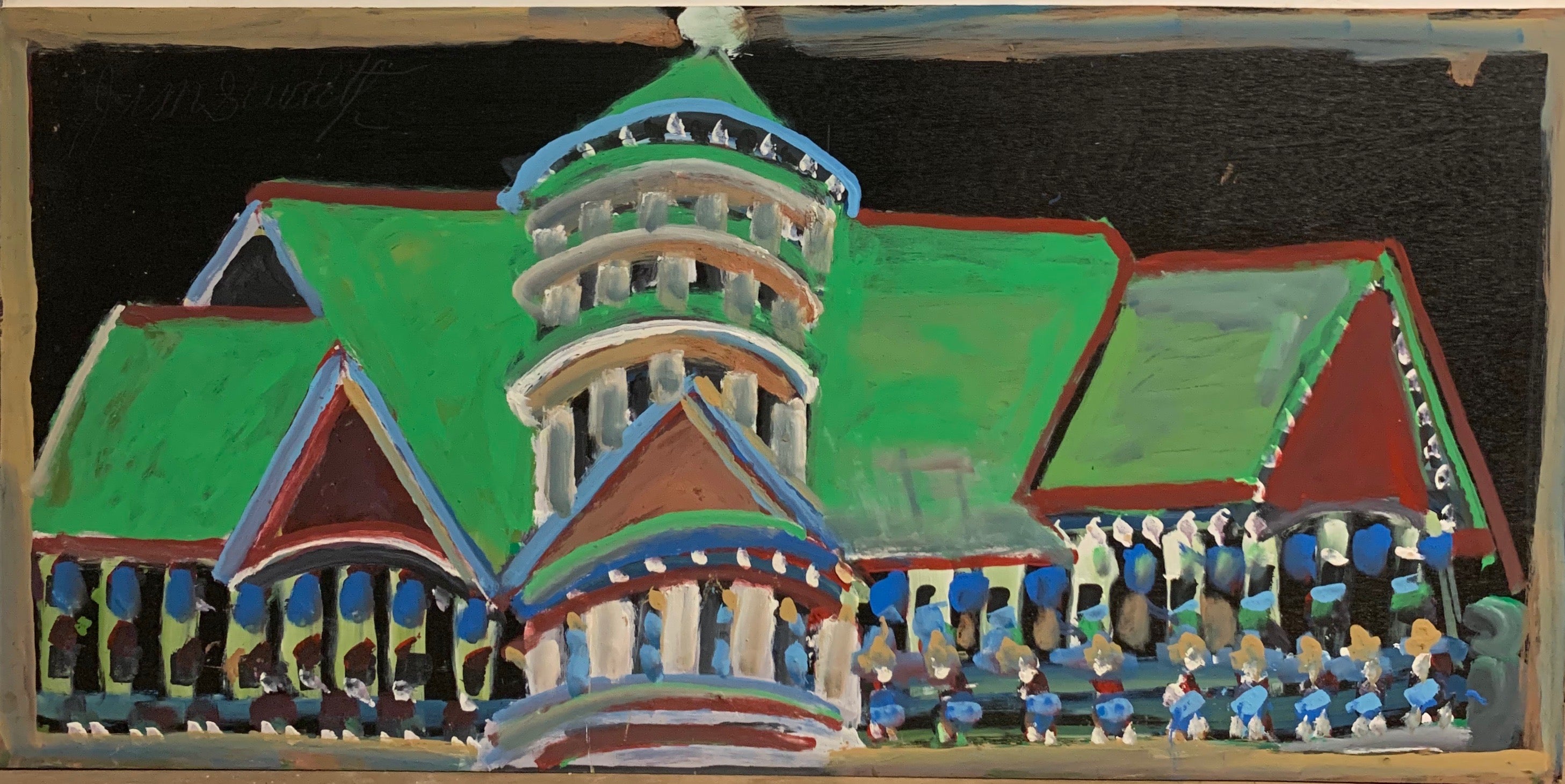 A painting of a green and red mansion.