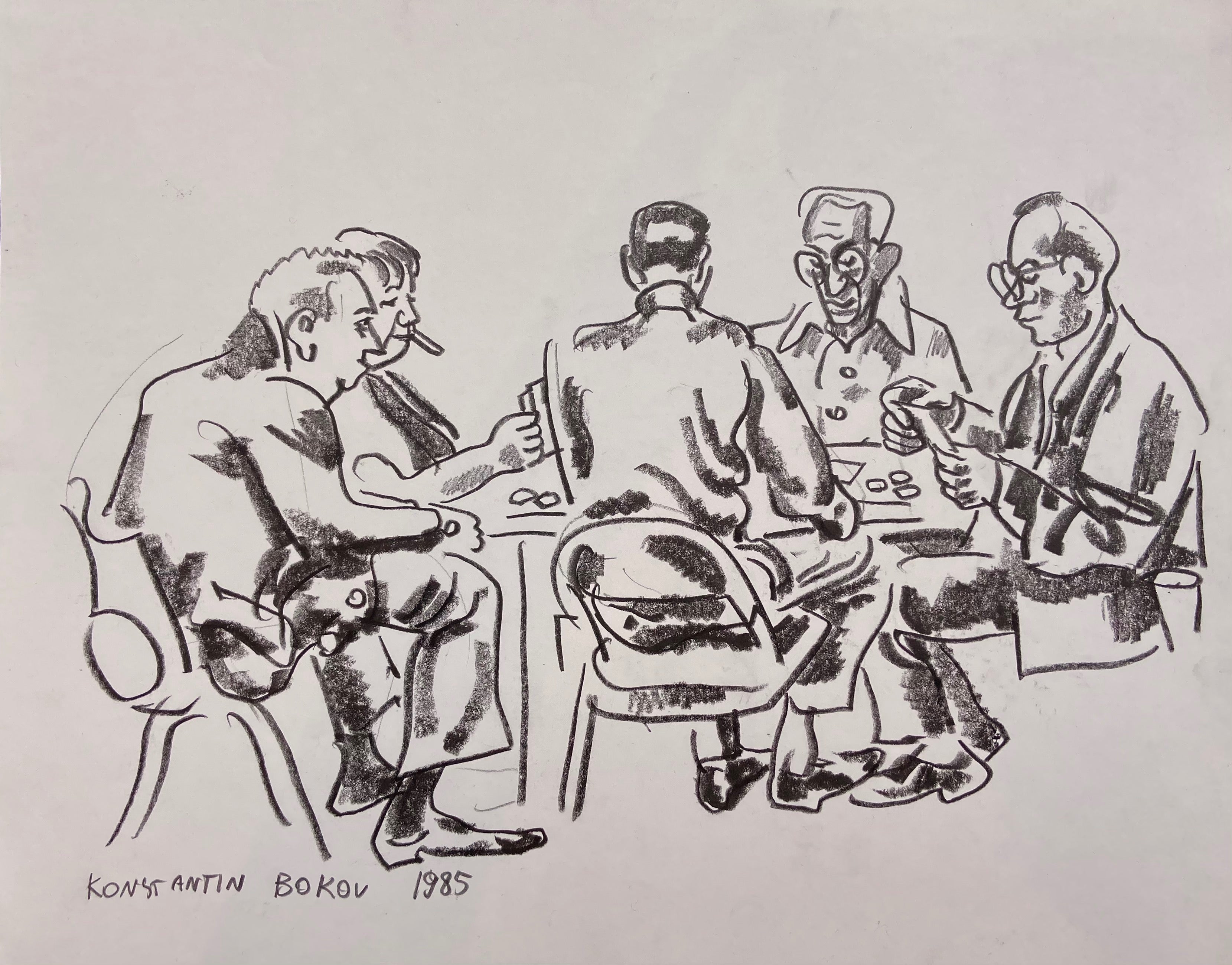 charcoal drawing of a card game