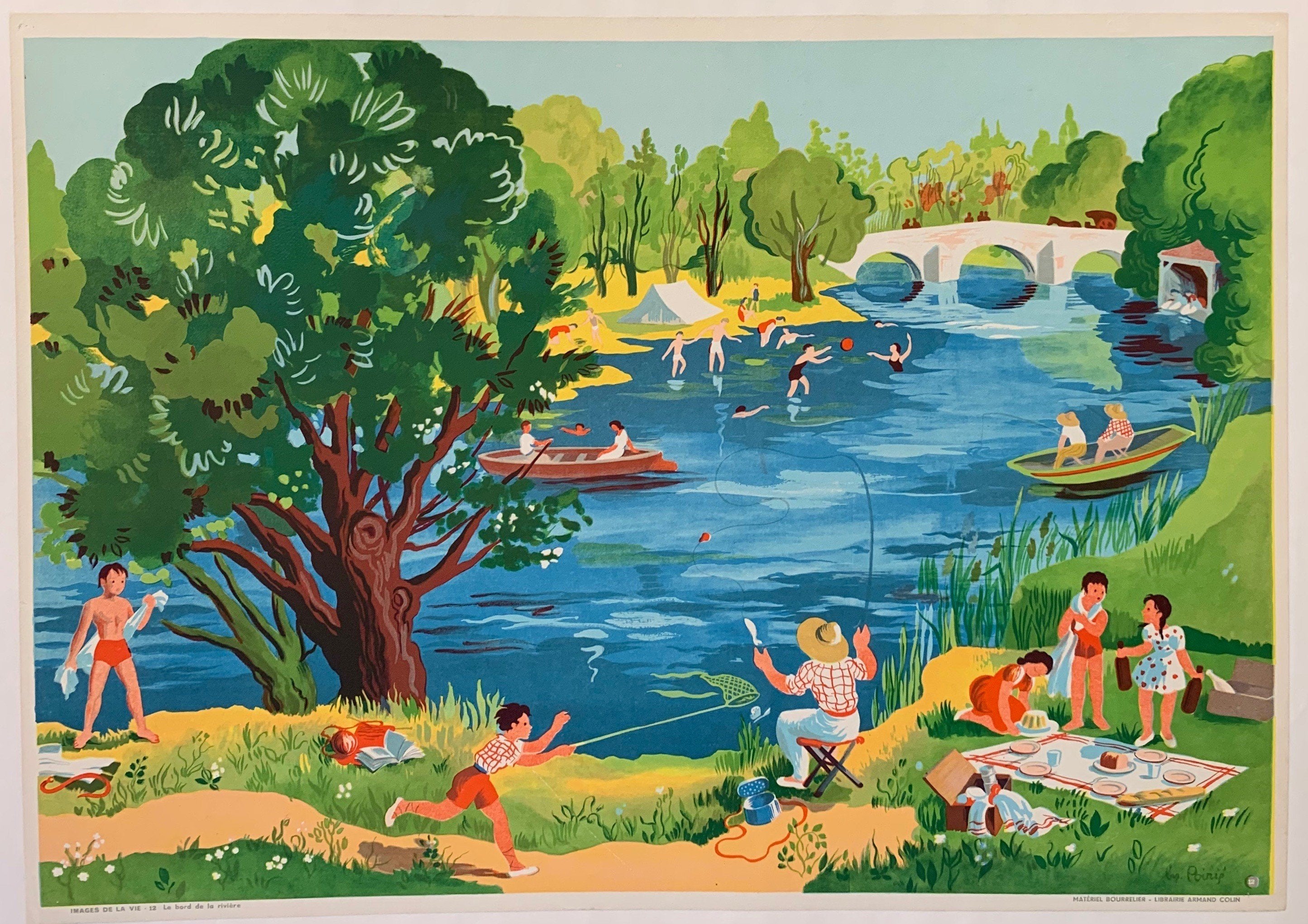 Print of families enjoying a day by the river
